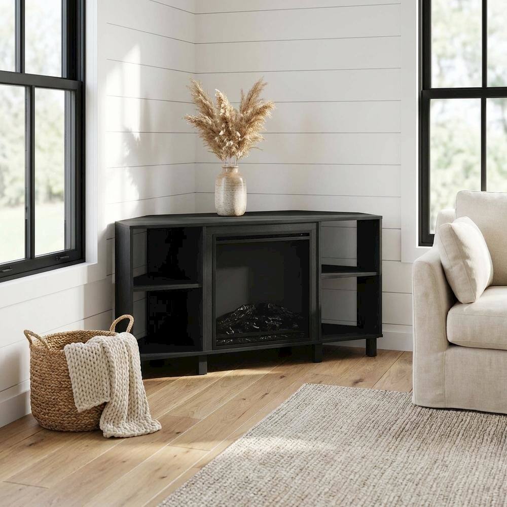 Alt View 1. FurniFact - Brown electric fireplace corner TV stand with storage and media center features - Brown.