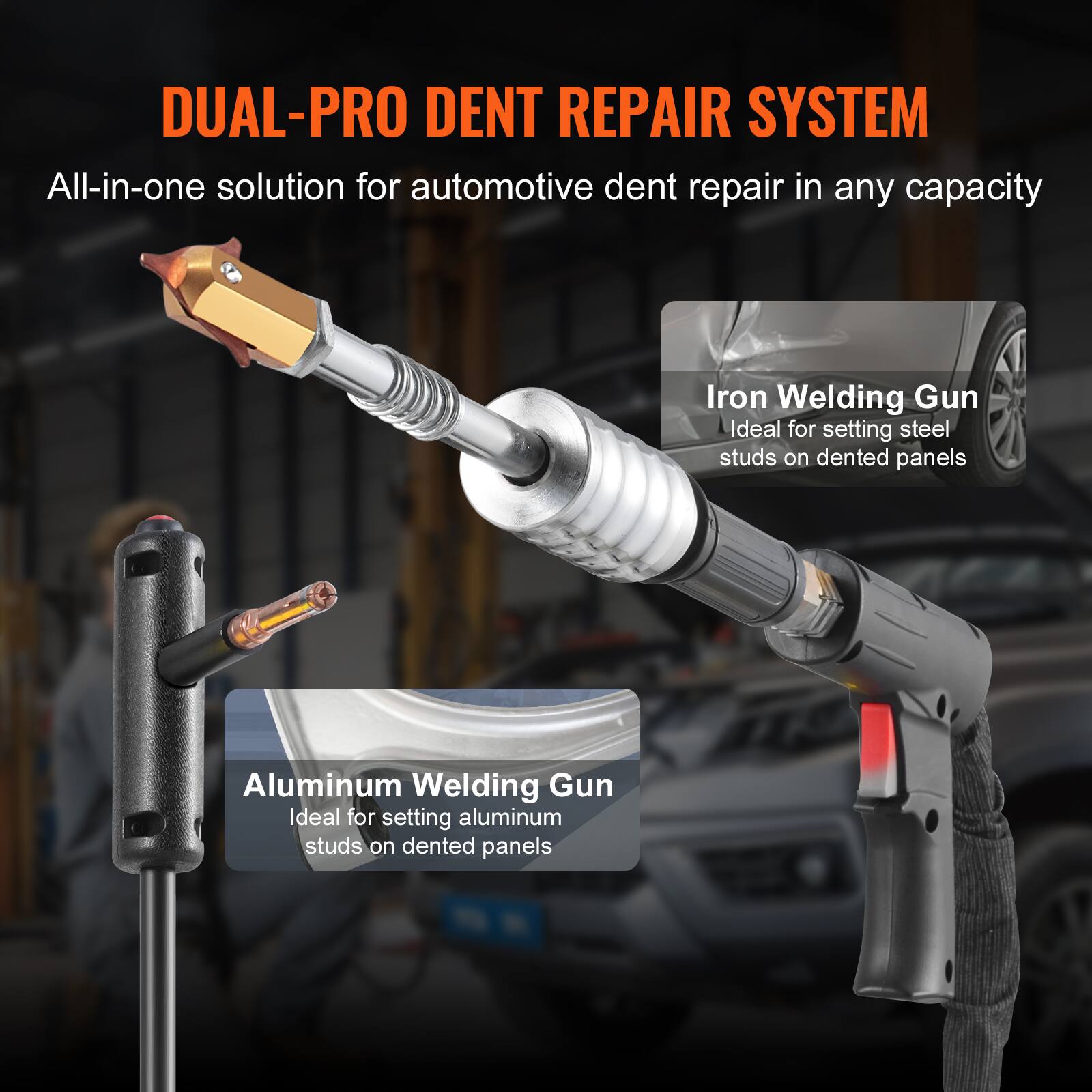 DUAL-PRO DENT REPAIR SYSTEM  
All-in-one solution for automotive dent repair in any capacity

Iron Welding Gun  
Ideal for setting steel studs on dented panels

Aluminum Welding Gun  
Ideal for setting aluminum studs on dented panels