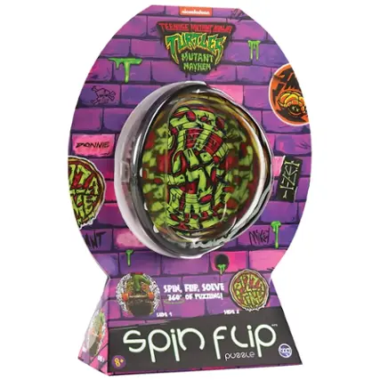The image features a Spin Flip puzzle, which is a Nickelodeon Teenage Mutant Ninja Turtles puzzle. The puzzle is designed for ages 8 and up and has a unique design that makes it fun and engaging. The puzzle is displayed in a box, showcasing the different colors and patterns that make it visually appealing. The puzzle is a great way to challenge your mind and have fun at the same time.