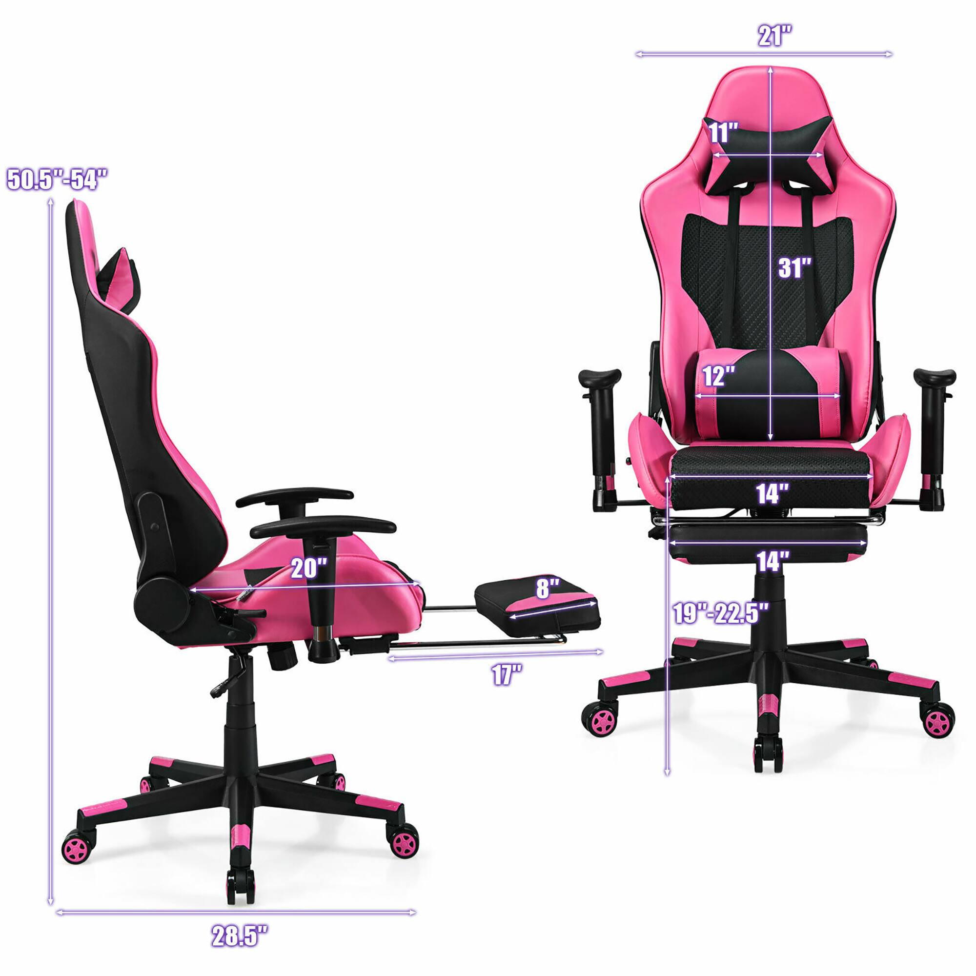 The text on the image reads: "21 11" 50.5"-54" 31" 12" 14" 20" 8" 14" 19"-22.5" 17" 28.5". This information is likely related to the dimensions of the pink chair and its components.