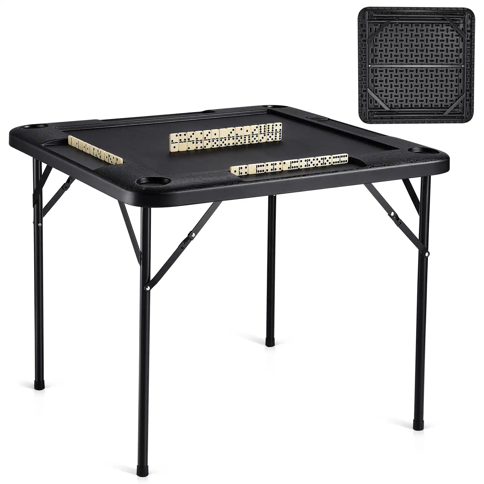 Front. VEVOR - Mahjong Table,Square 4 Player Folding Card Table with 4 Cup Holders & 4 Chip Trays,with 1 Set of Dominoes,35.4x35.4-inch - Black.