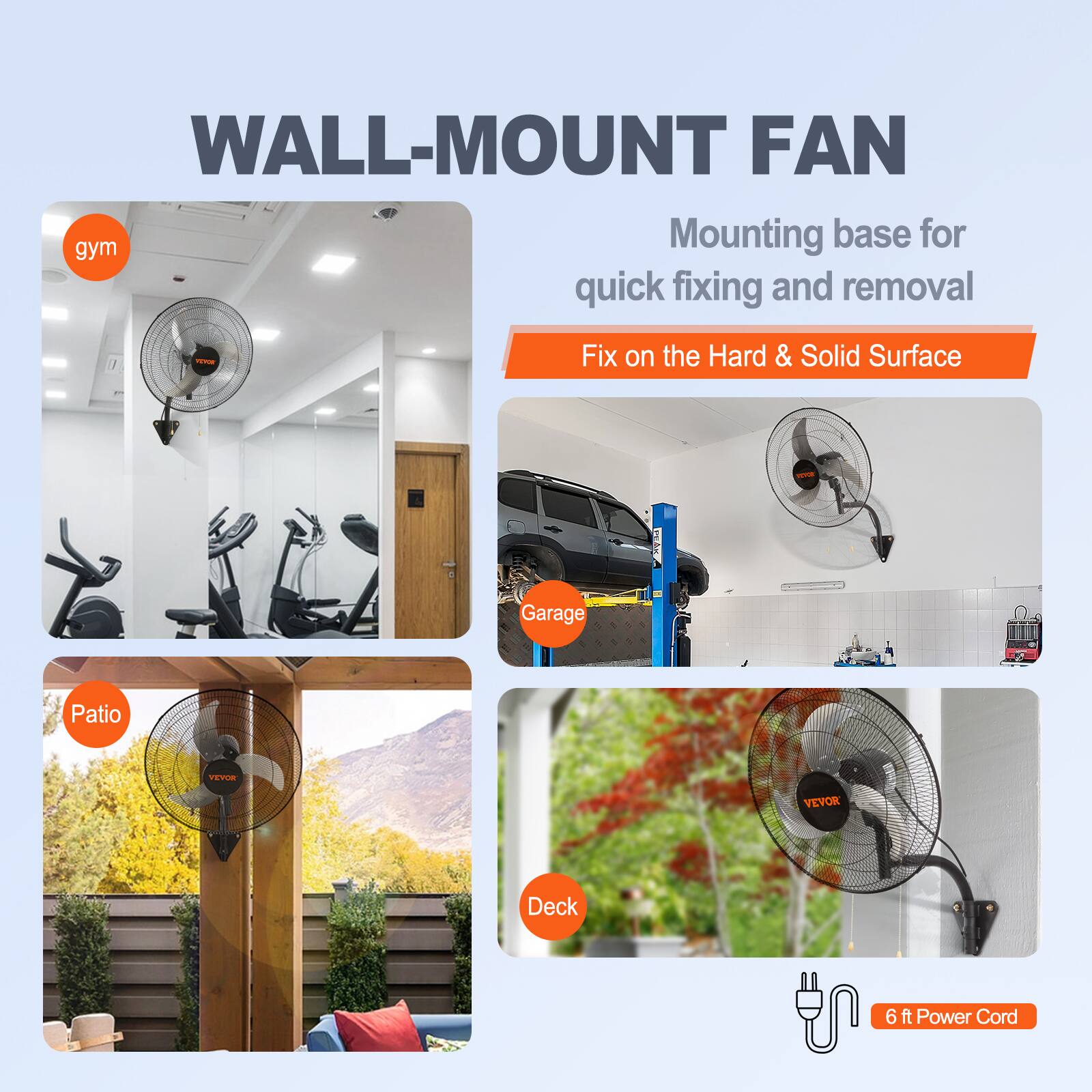 WALL-MOUNT FAN Mounting base for quick fixing and removal Fix on the Hard & Solid Surface gym Garage Patio Deck 6 ft Power Cord