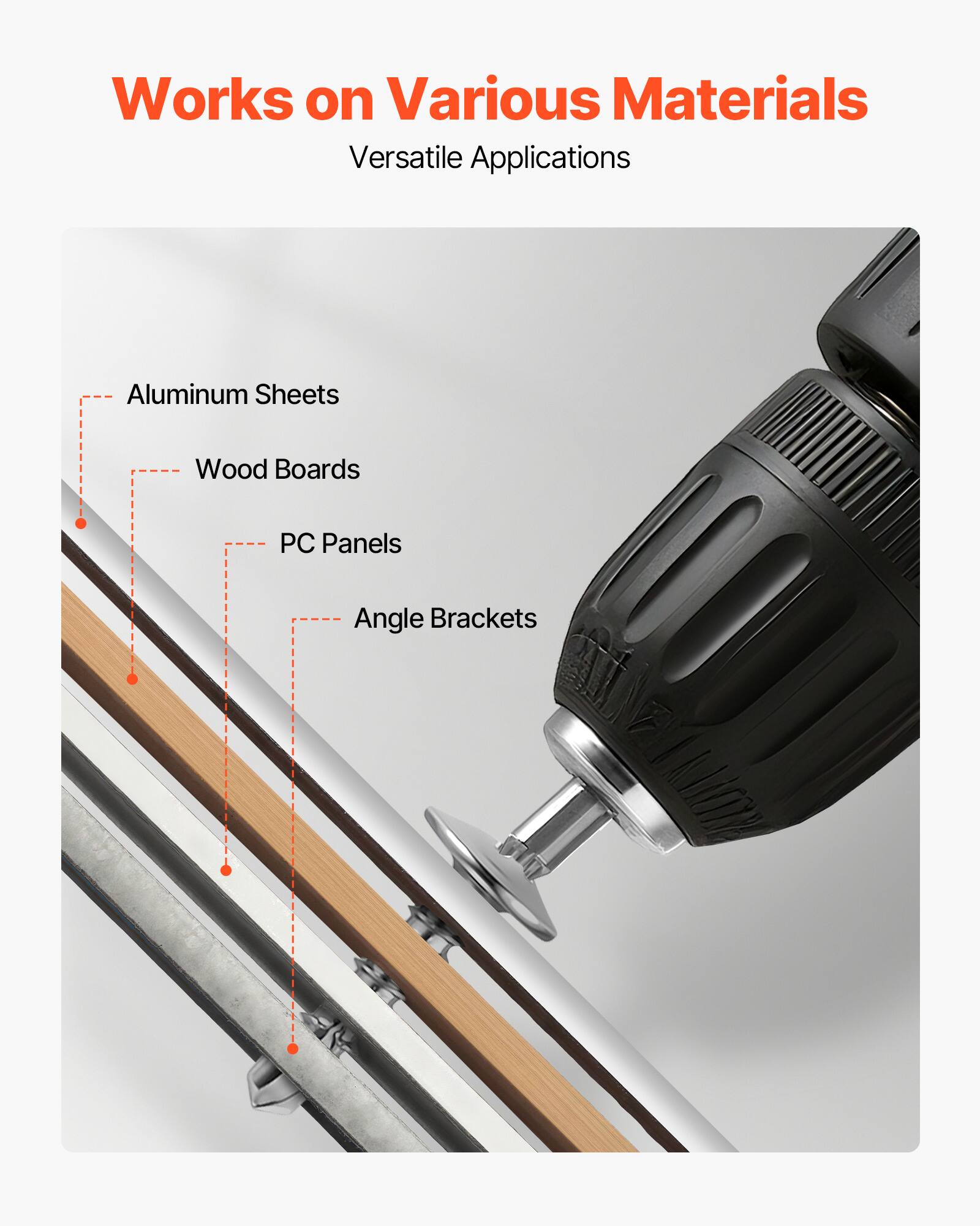 Works on Various Materials  
Versatile Applications  

- Aluminum Sheets  
- Wood Boards  
- PC Panels  
- Angle Brackets
