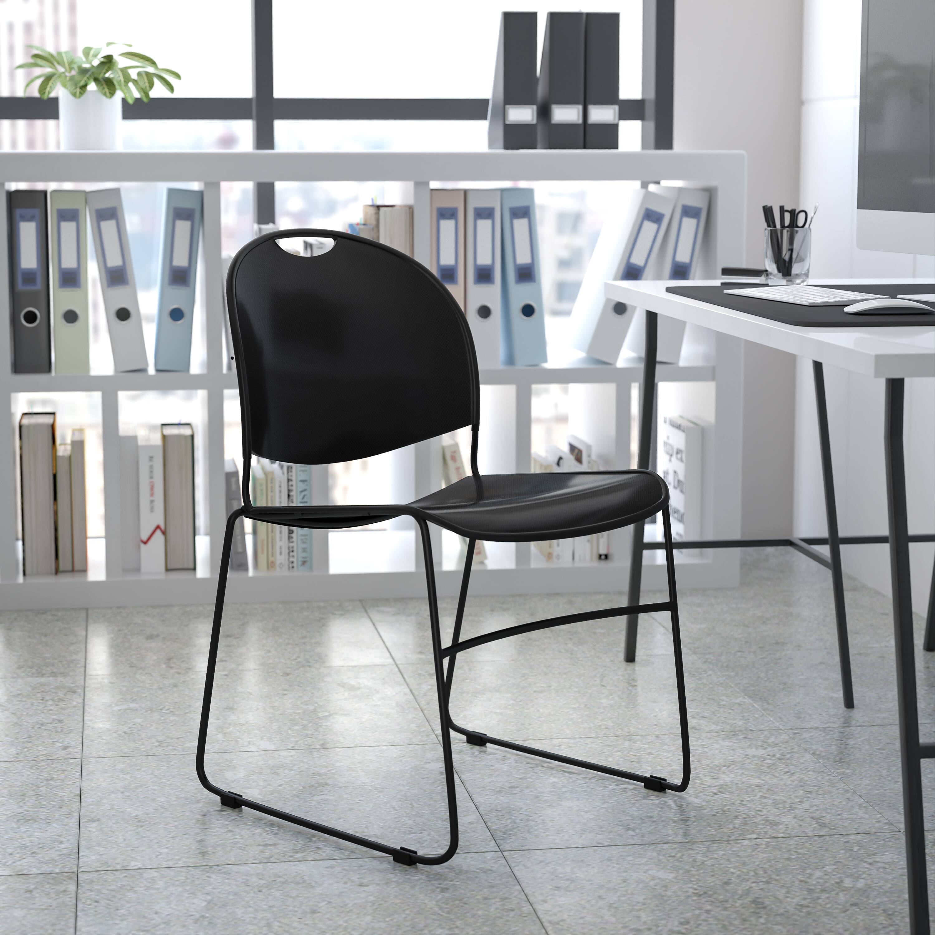 Alt View 1. Emma + Oliver - Ultra-Compact School Stack Chair - Office Guest Chair/Student Chair - Black Plastic/Black Frame.
