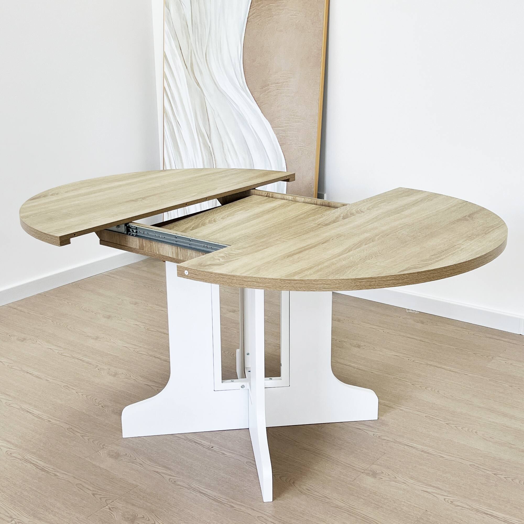Alt View 10. Tiramisubest - Dining Table for Farmhouse Kitchen 59x43 Inch Expandable Oval Table Top with Removable Leaf Trestle X Shaped Base,White - White Oak.
