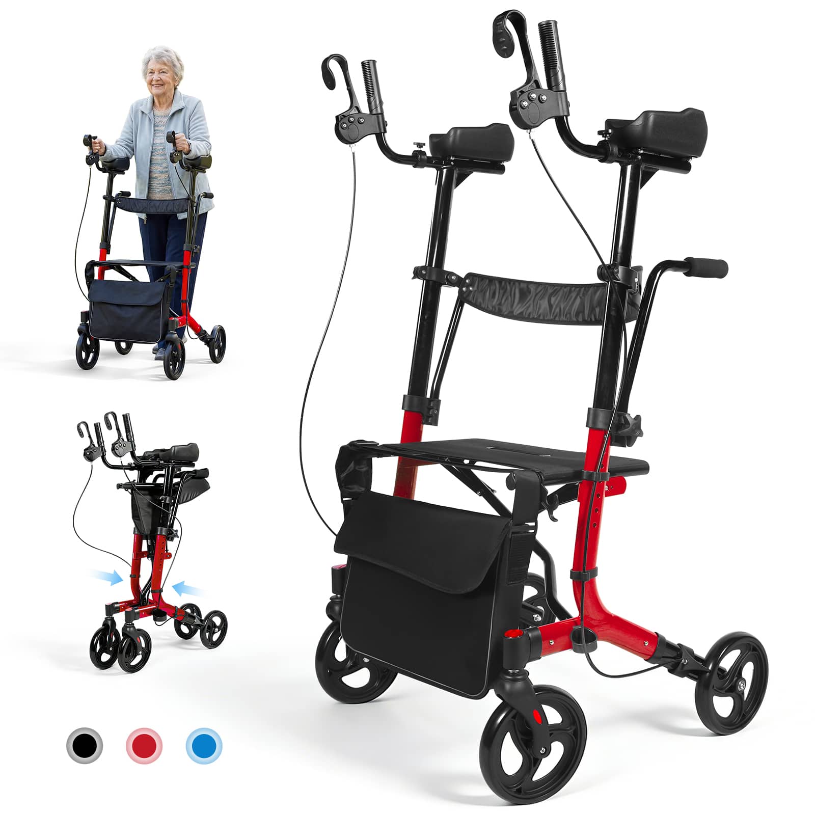 Hover Heart - Foldable Upright Walker with Seat for Seniors, 450 lb Heavy Duty Rollator with Adjustable Arms and 10 Inch Wheels - Red