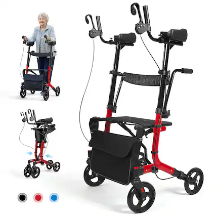 Front. Hover Heart - Foldable Upright Walker with Seat for Seniors, 450 lb Heavy Duty Rollator with Adjustable Arms and 10 Inch Wheels - Red.