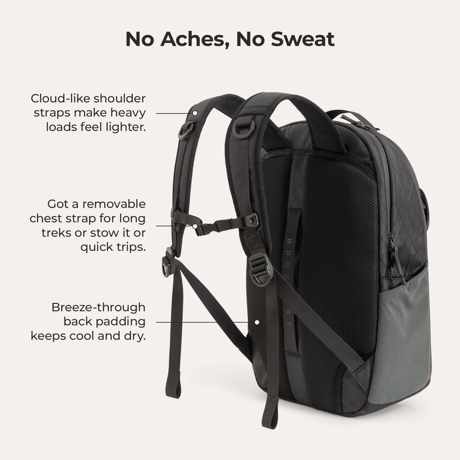 No Aches, No Sweat

Cloud-like shoulder straps make heavy loads feel lighter.

Got a removable chest strap for long treks or stow it or quick trips.

Breeze-through back padding keeps cool and dry.