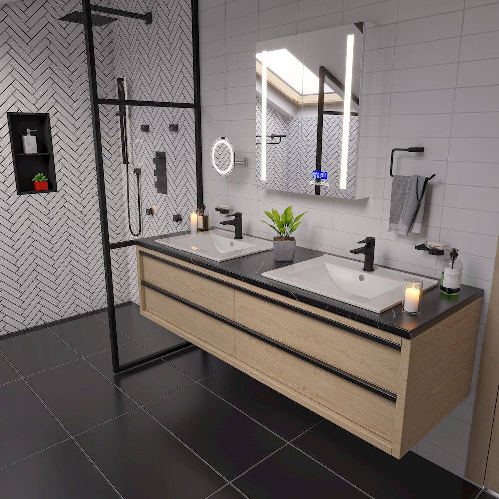 Back. Alfi - 26" x 30" Double Door LED Light Bluetooth Medicine Cabinet - Gray.