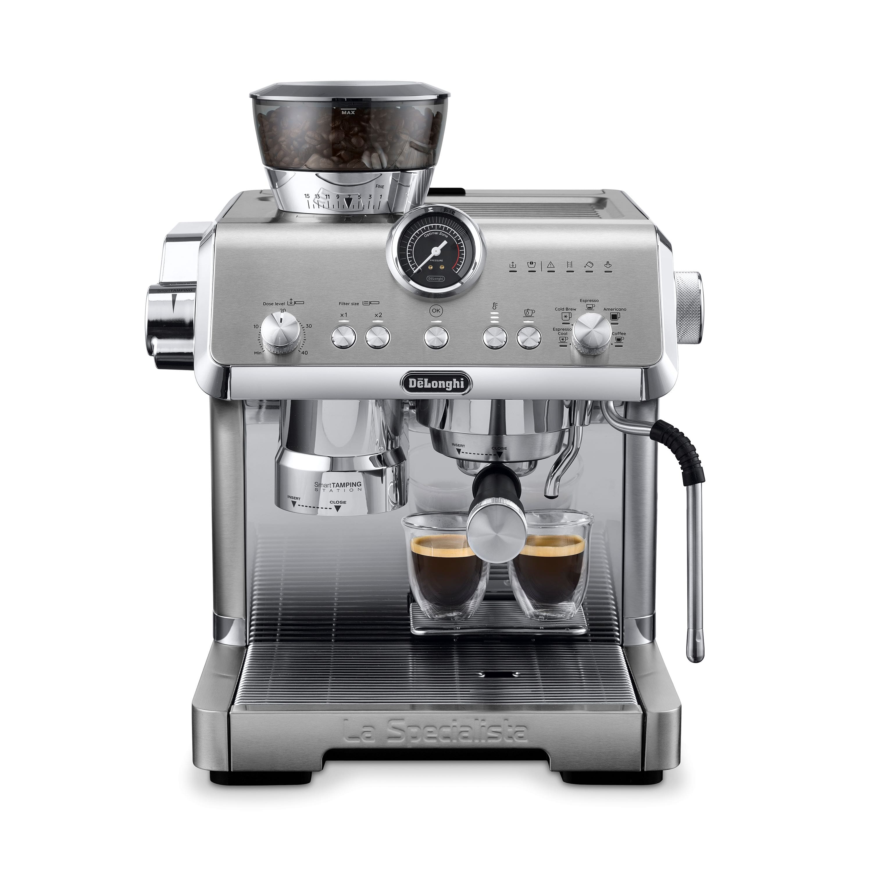 The image features a silver coffee maker with a timer and a coffee cup. The coffee maker is made by Longhi and is designed for espresso. The timer is set to 10 minutes, indicating that the coffee will be ready soon. The coffee maker is sitting on a counter, and there is a coffee cup placed on the counter as well.