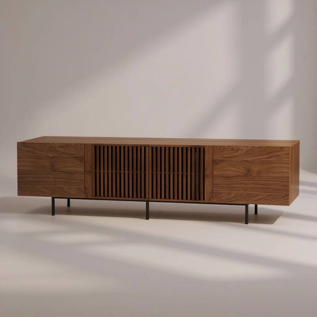 Alt View 3. luck idea - 94.48" Walnut Fluted TV Stand for TV Up to 100", Mid-Century Media Console with Storage Cabinets & Metal Legs - Brown.