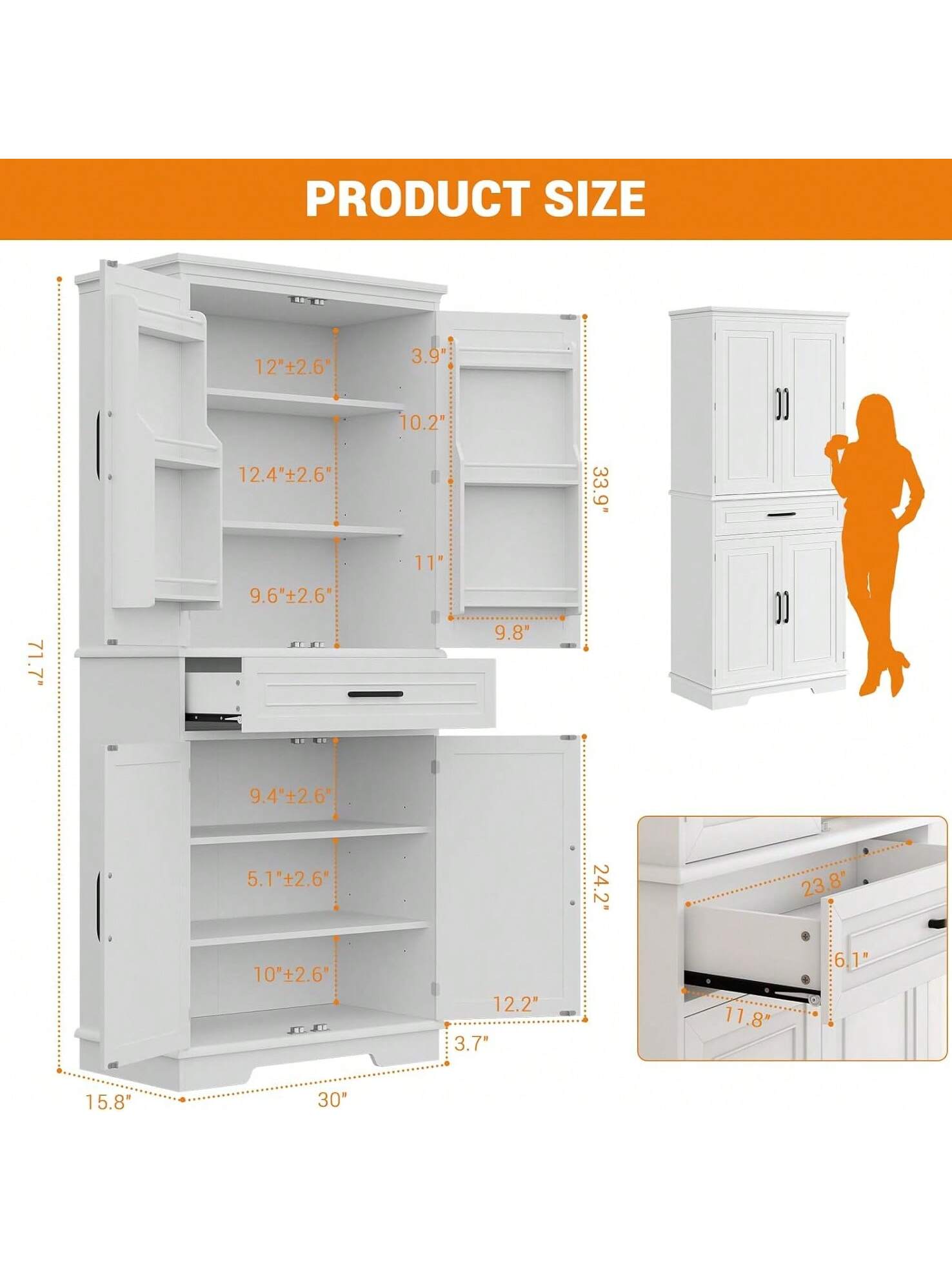 PRODUCT SIZE

- 12" ± 2.6"
- 12.4" ± 2.6"
- 9.6" ± 2.6"
- 9.4" ± 2.6"
- 5.1" ± 2.6"
- 10" ± 2.6"
- 3.7"
- 12.2"
- 15.8"
- 30"
- 33.9"
- 71.7"
- 24.2"
- 23.8"
- 6.1"
- 11.8"