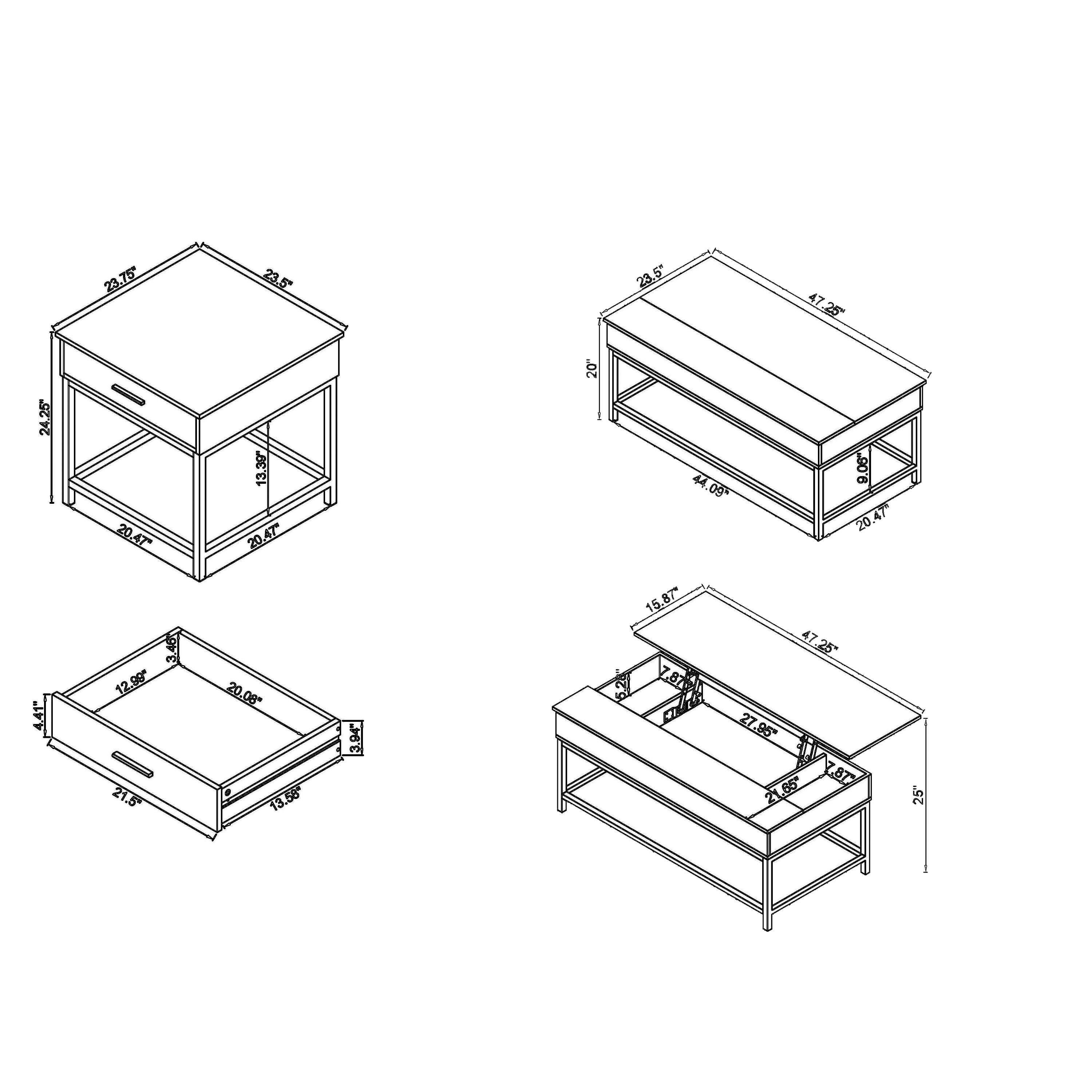 23.75" x 23.5" x 47.25"  
24.25" x 20.47" x 13.39"  
20.47" x 44.09"  
4" x 9.00" x 20.47" x 4.41"  
3" x 12.90" x 21.5" x 20.08"  
13.58" x 3.94" x 15.87"  
4Y x 7.87"  
CT 47.25 AT 27.95  
6S" ZBT 21 25