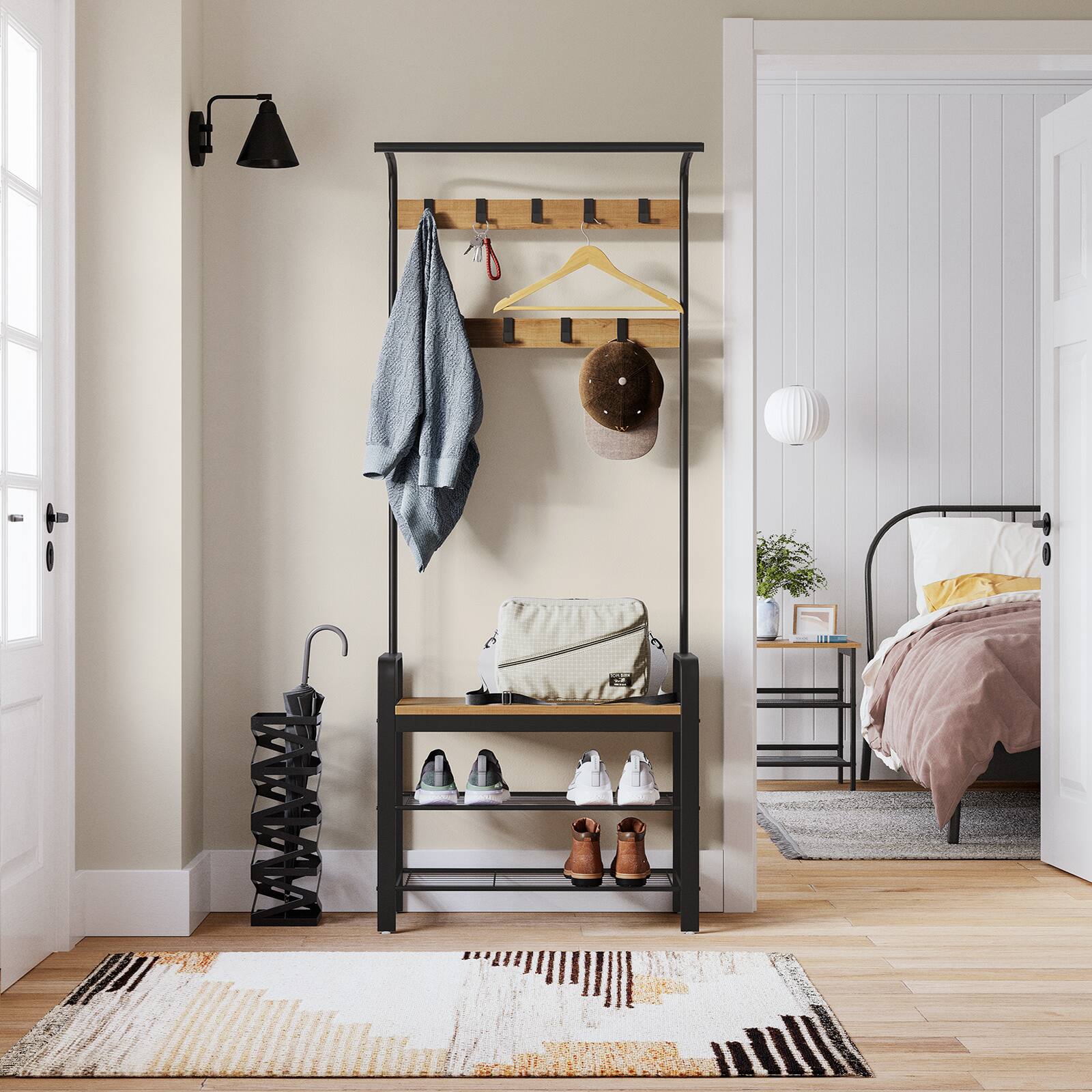 Angle. Songmics Home - Coat Rack, Hall Tree with Shoe Bench for Entryway, Entryway Bench with Coat Rack, 4-in-1, with 9 Removable Hooks - Honey Brown and Black.