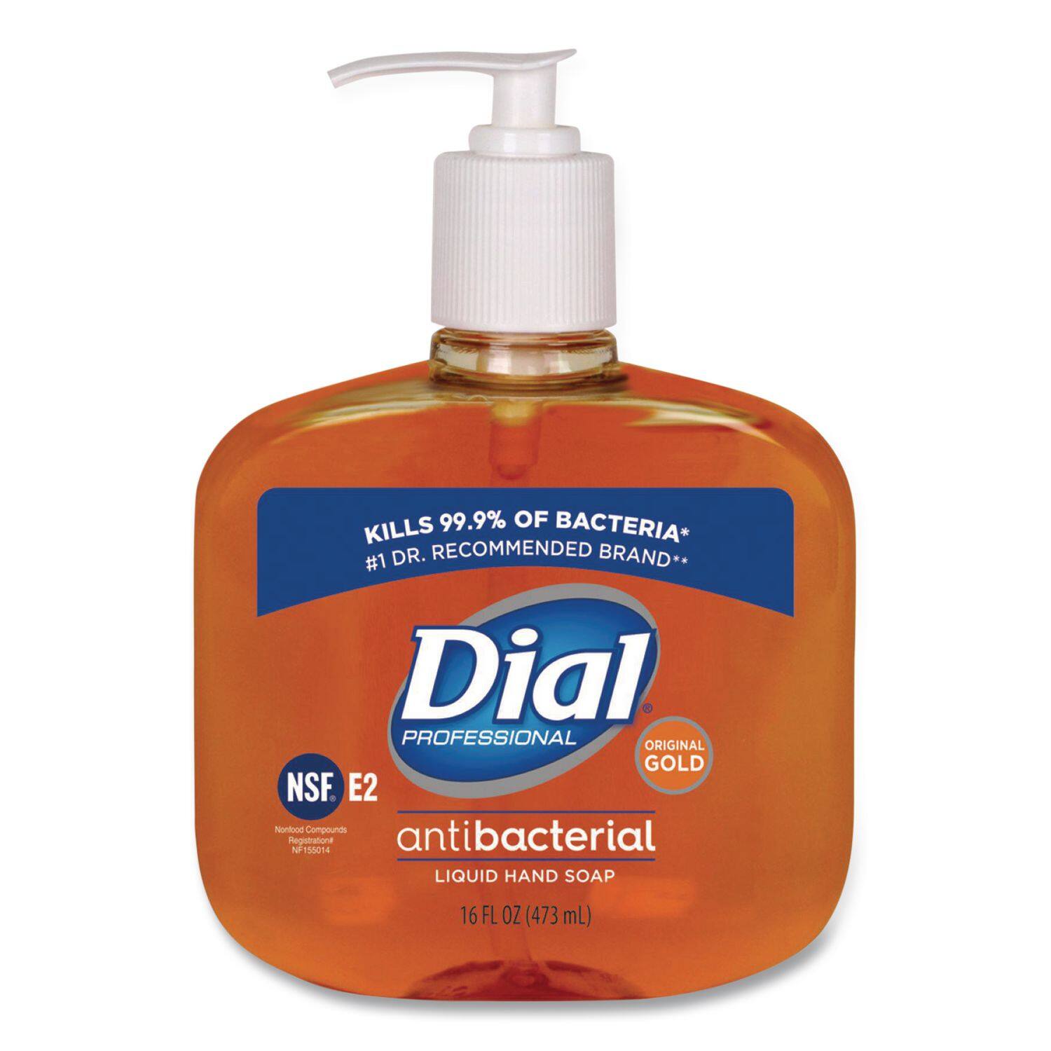 99.9% of bacteria* kills. Dr. recommended brand*. #1 Dial Professional Original Gold NSF E2 Northwood Compounds Regntratione F155014 antibacterial liquid hand soap 16 FL OZ (473 mL)