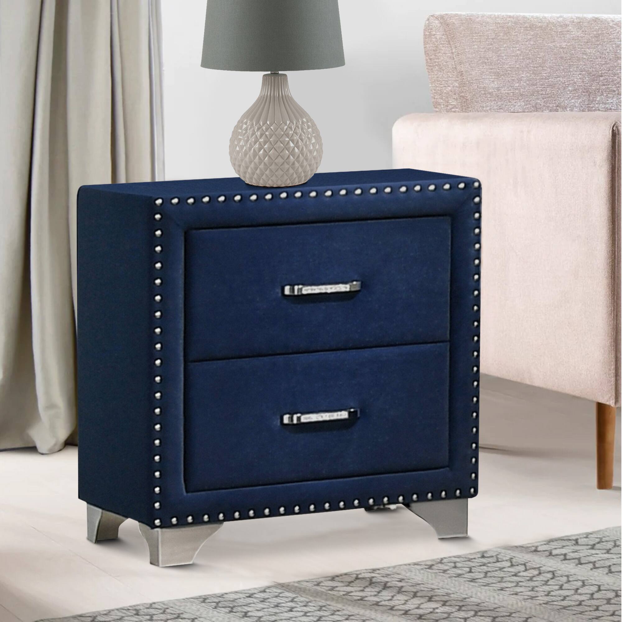 Alt View 2. Manhattan Lane - Cale 26 Inch Modern Wood Nightstand, Velvet Upholstered, Nailhead - Blue, Chrome.