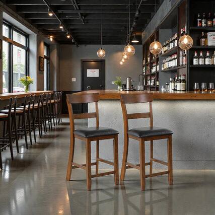 Front. Hivvago - Set of 2 Counter-Height Chairs with Faux Leather Cushions and Solid Rubberwood Legs - Brown.