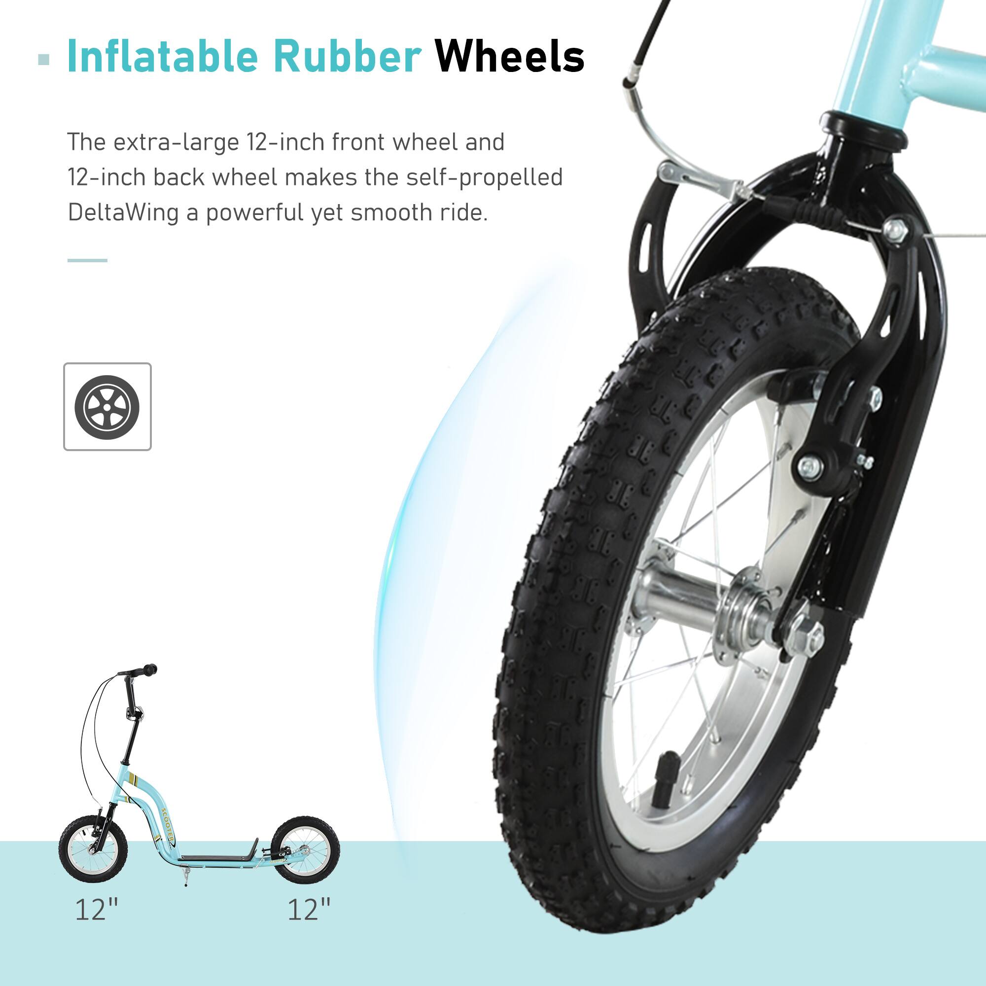 Inflatable Rubber Wheels

The extra-large 12-inch front wheel and 12-inch back wheel makes the self-propelled DeltaWing a powerful yet smooth ride.