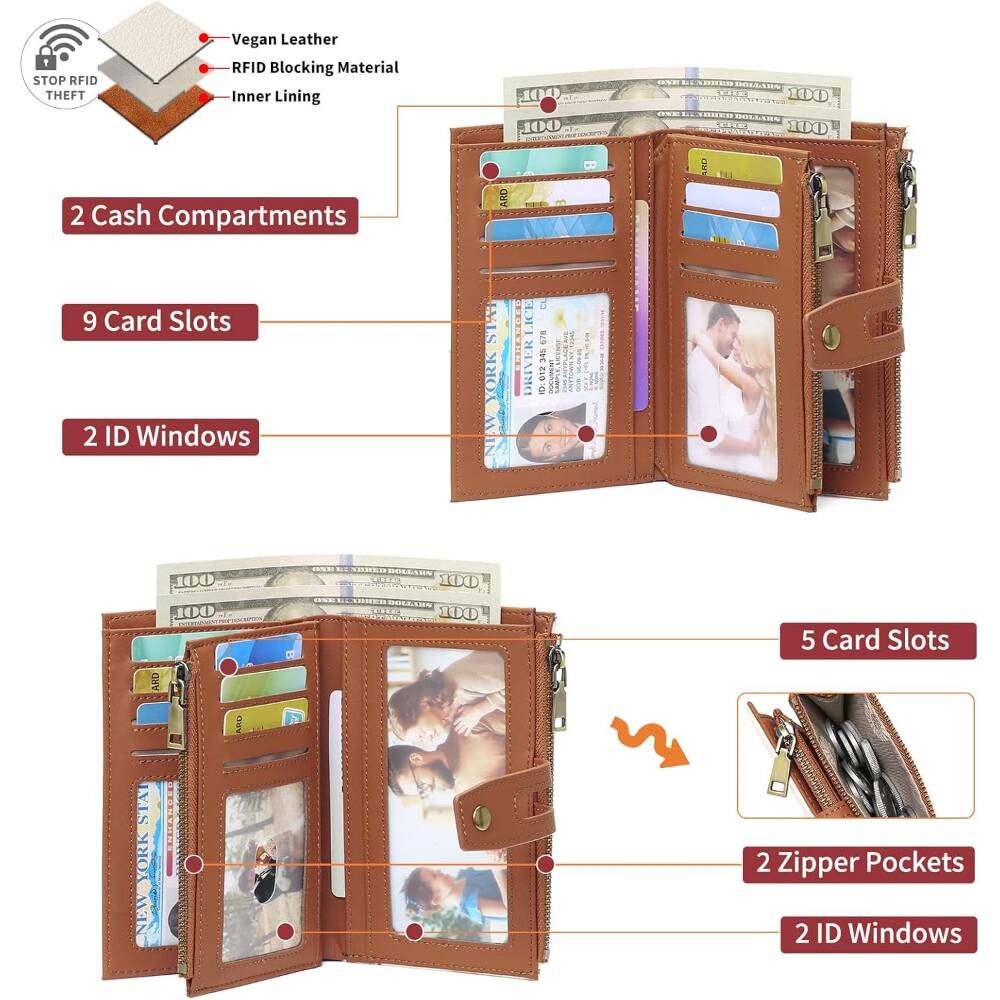 STOP RFID THEFT

Vegan Leather RFID Blocking Material Inner Lining

2 Cash Compartments

9 Card Slots

2 ID Windows

5 Card Slots

2 Zipper Pockets

2 ID Windows