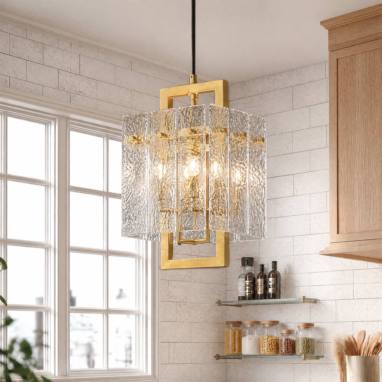 Angle. Siljoy - Square Frame Cracked Glass Lampshade Pendant Light - Gold.