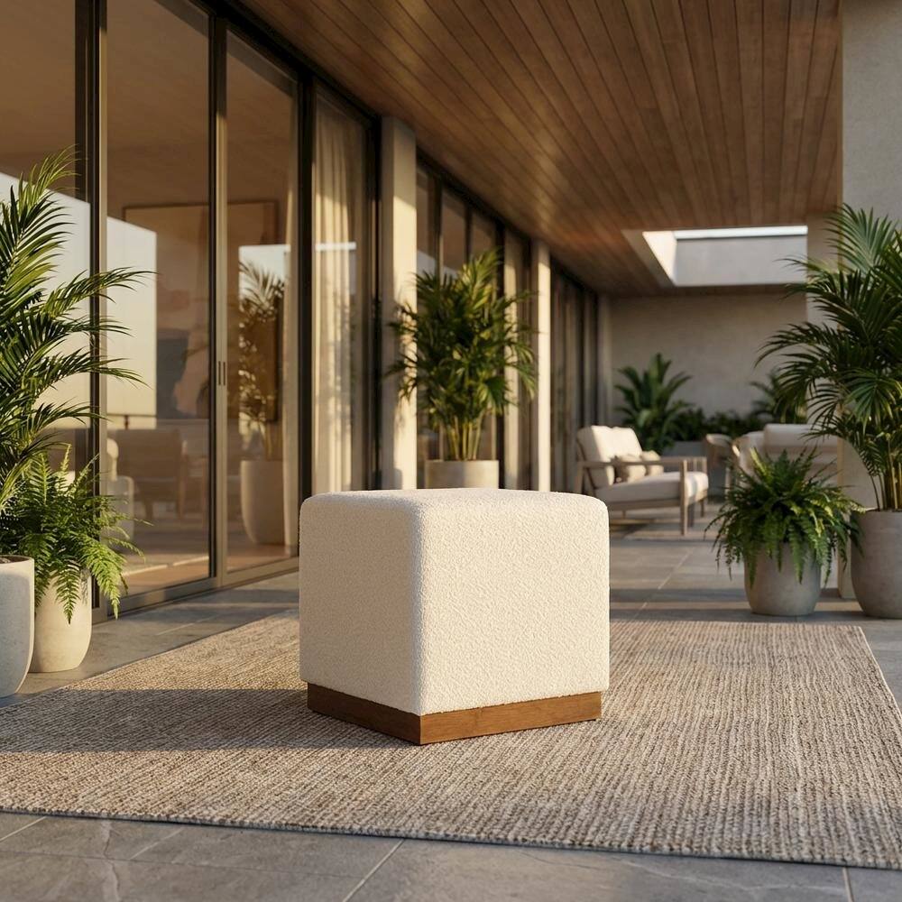 Angle. Outdoor Escape - Square Boucle Upholstered Ottoman, Neutral Tone, Versatile Seating, Footrest - Brown.
