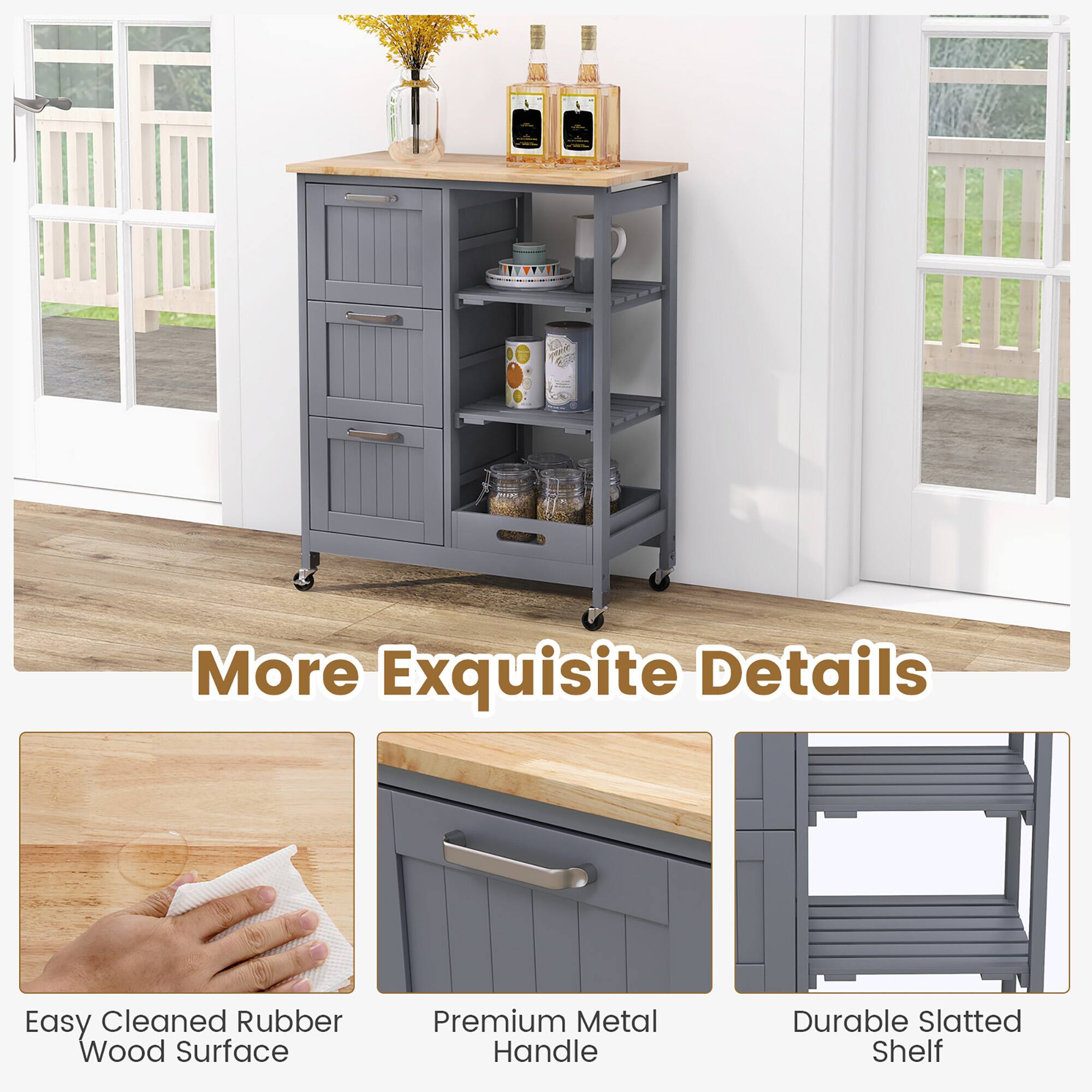 More Exquisite Details

- Easy Cleaned Rubber Wood Surface
- Premium Metal Handle
- Durable Slatted Shelf