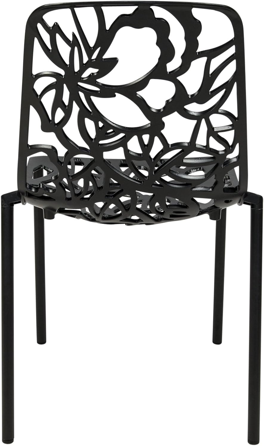 Back. LeisureMod - Devon Stackable Aluminum Dining Chair, Modern Floral Cutout Indoor/Outdoor Patio Chair - Fully Assembled - Black.