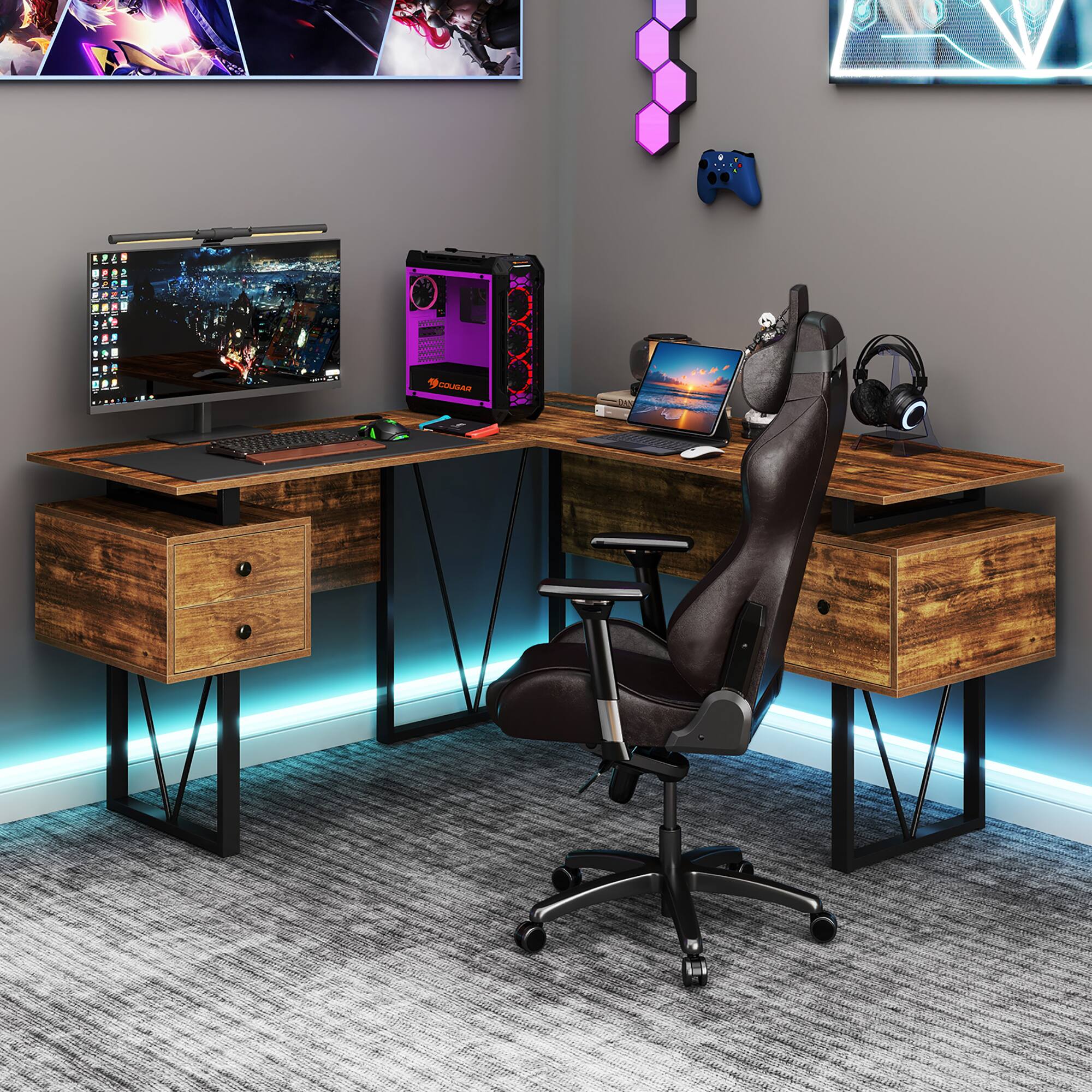 Alt View 3. Gymax - Gymax 59'' L-shaped Computer Desk w/ Charging Station Corner Desk Sturdy Metal Frame - Rustic Brown, Black.