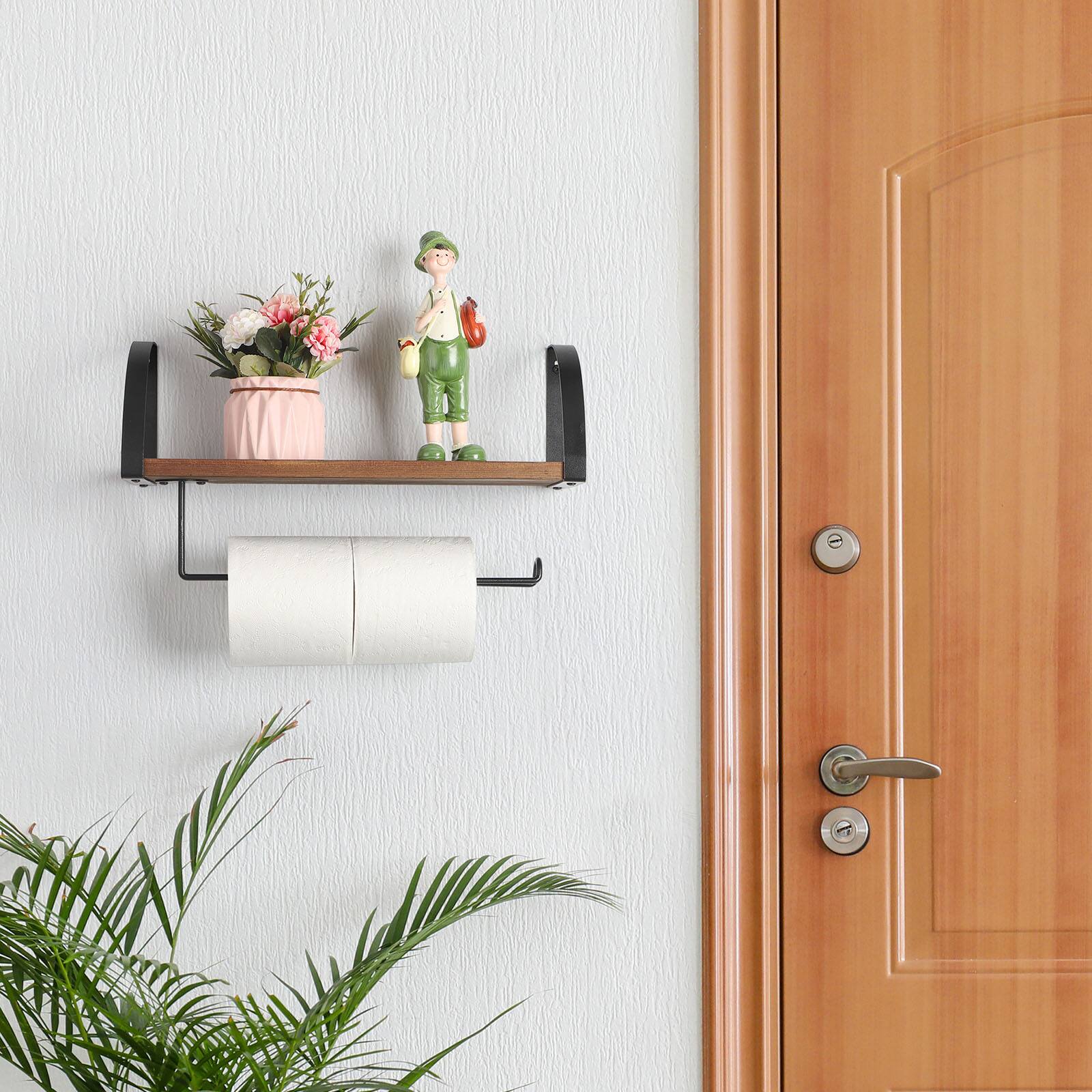 Alt View 1. Oumilen - Wall Mounted Floating Shelf with Paper Towel Holder – Rustic Burnt Wood Storage Shelf with Roll Bar.