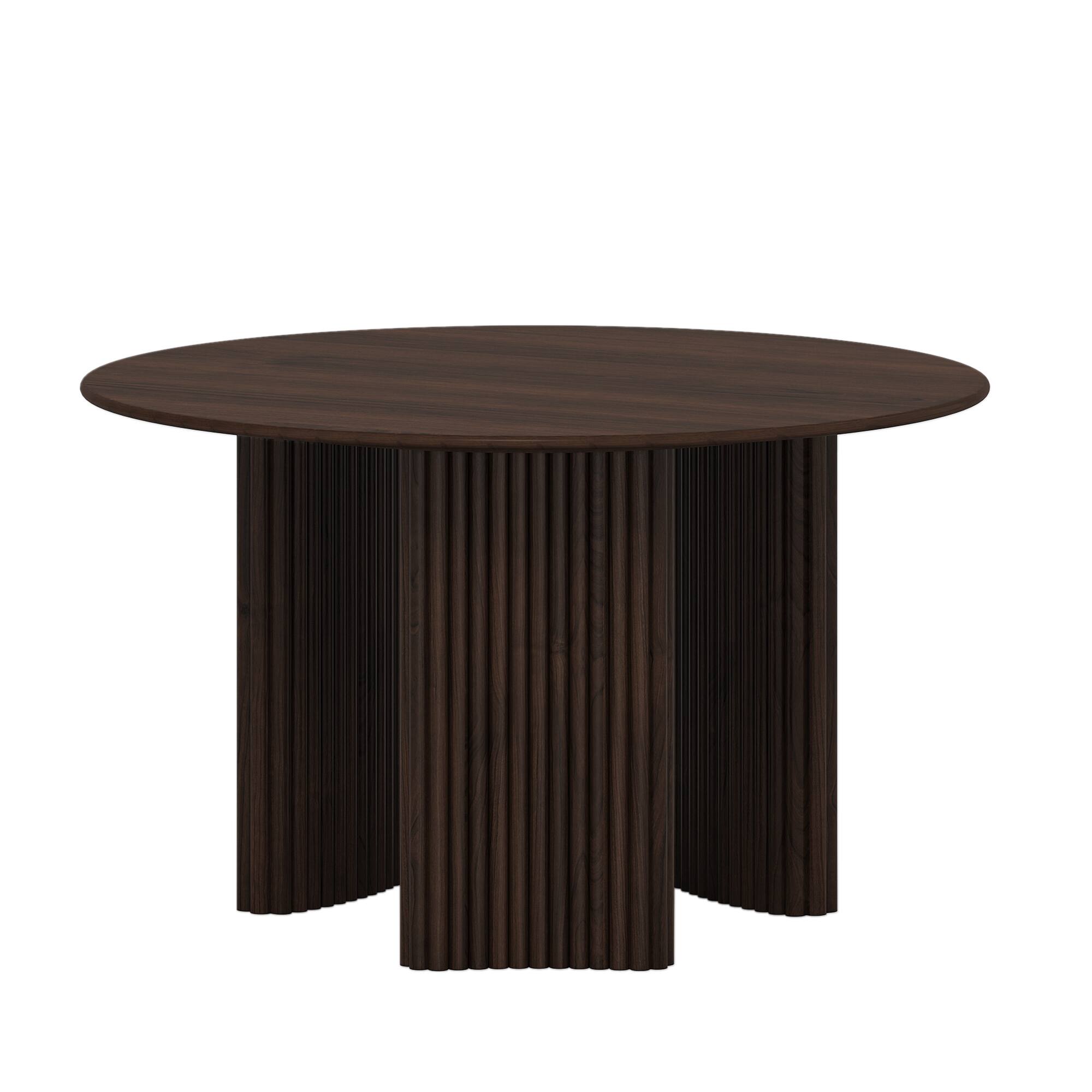 Angle. PexFix - Solid Oak Farmhouse Dining Table for 4, 46" Minimalist Round Kitchen Table with 3-Leg Base - Walnut.