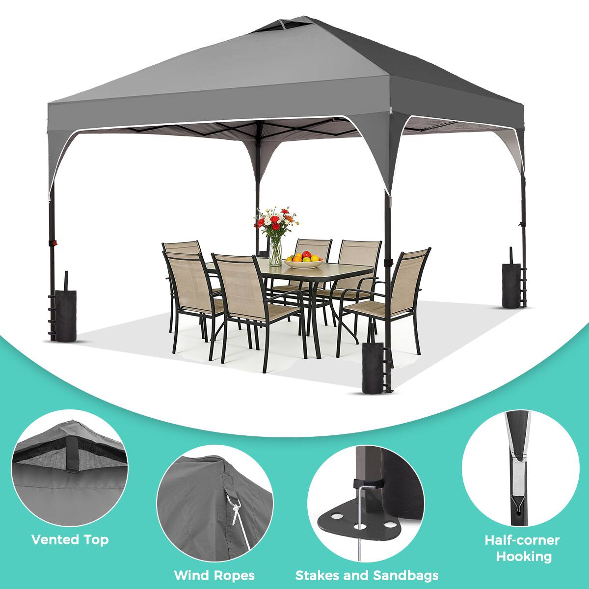 Vented Top  
Wind Ropes  
Stakes and Sandbags  
Half-corner Hooking