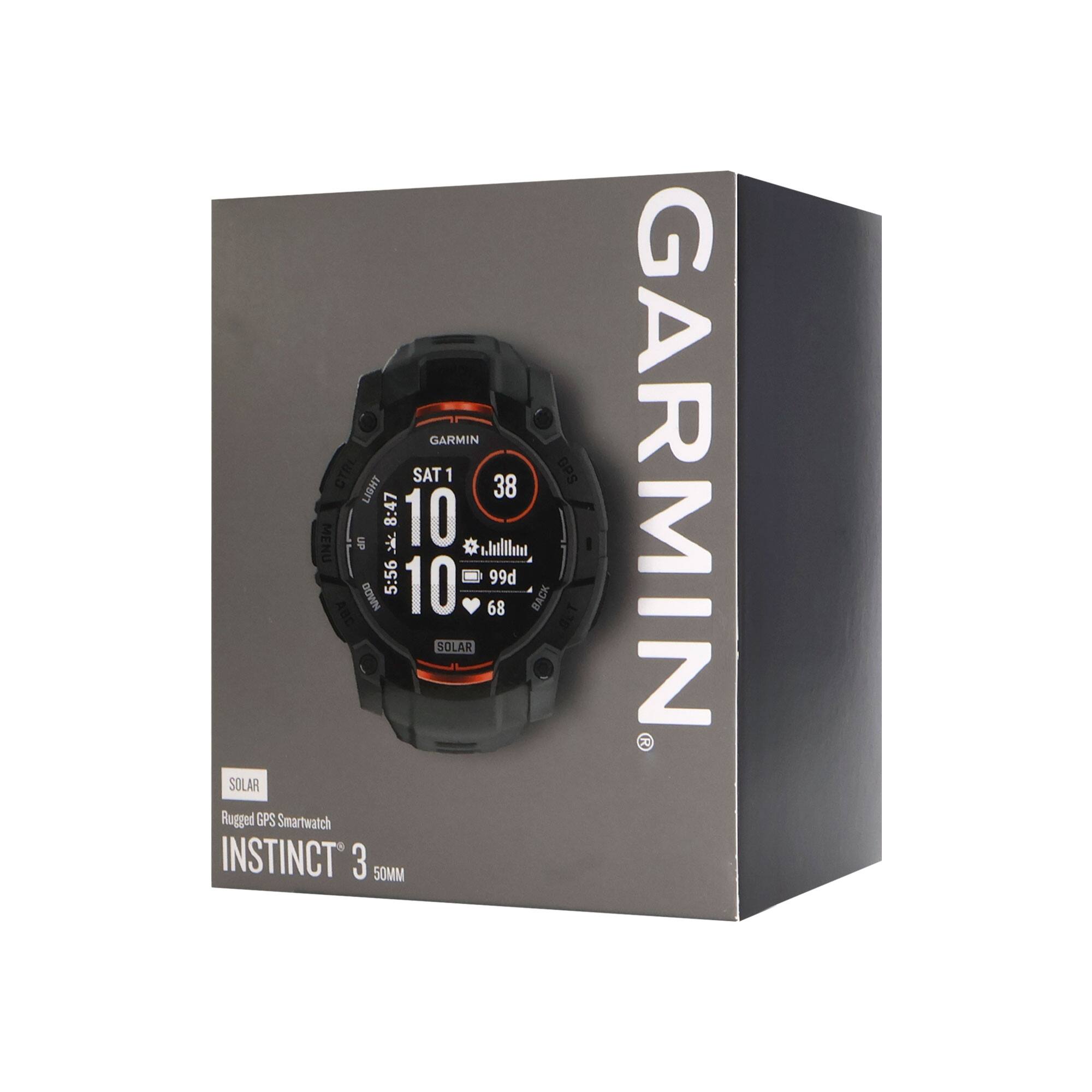 GARMIN CTRL SAT 1 GPS LIGHT 38 8:47 10 MENU UP 3 * .hlthoa 5:56 - 99d ABC DOWN 10 68 BACK SOLAR SOLAR Rugged GPS Smartwatch INSTINCT 3 50MM