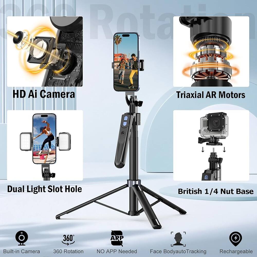 - HD AI Camera
- Triaxial AR Motors
- Dual Light Slot Hole
- British 1/4 Nut Base
- Built-in Camera
- 360° Rotation
- NO APP Needed
- Face BodyautoTracking
- Rechargeable