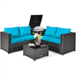 Costway - 4PCS Outdoor Patio Rattan Furniture Set Cushion Loveseat Storage Table - Blue