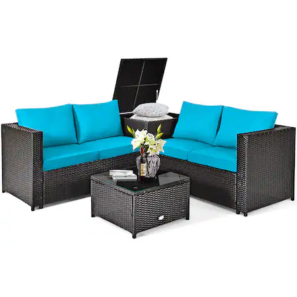 Front. Costway - Costway 4PCS Outdoor Patio Rattan Furniture Set Cushion Loveseat Storage Table - Blue.