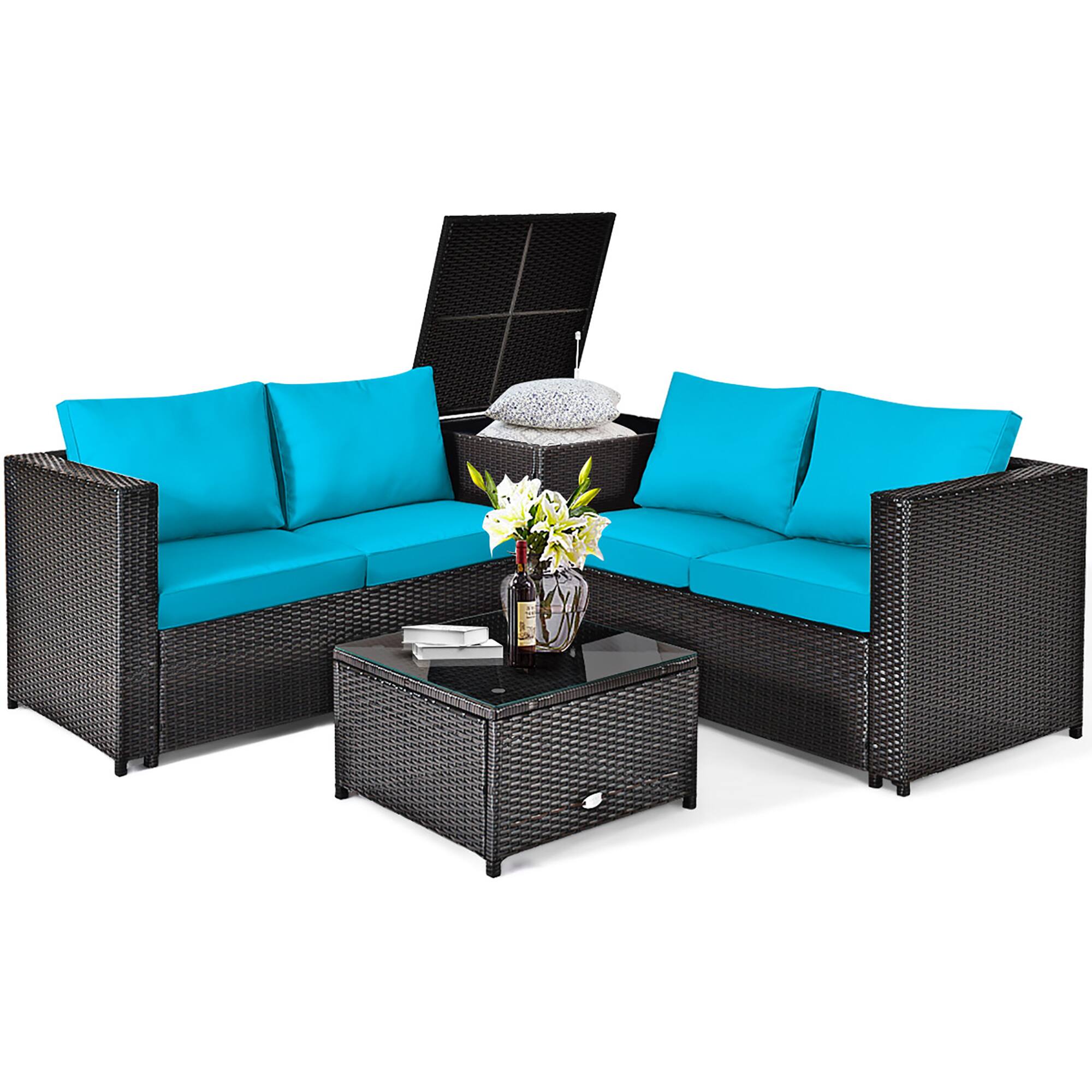 Costway - 4PCS Outdoor Patio Rattan Furniture Set Cushion Loveseat Storage Table - Blue