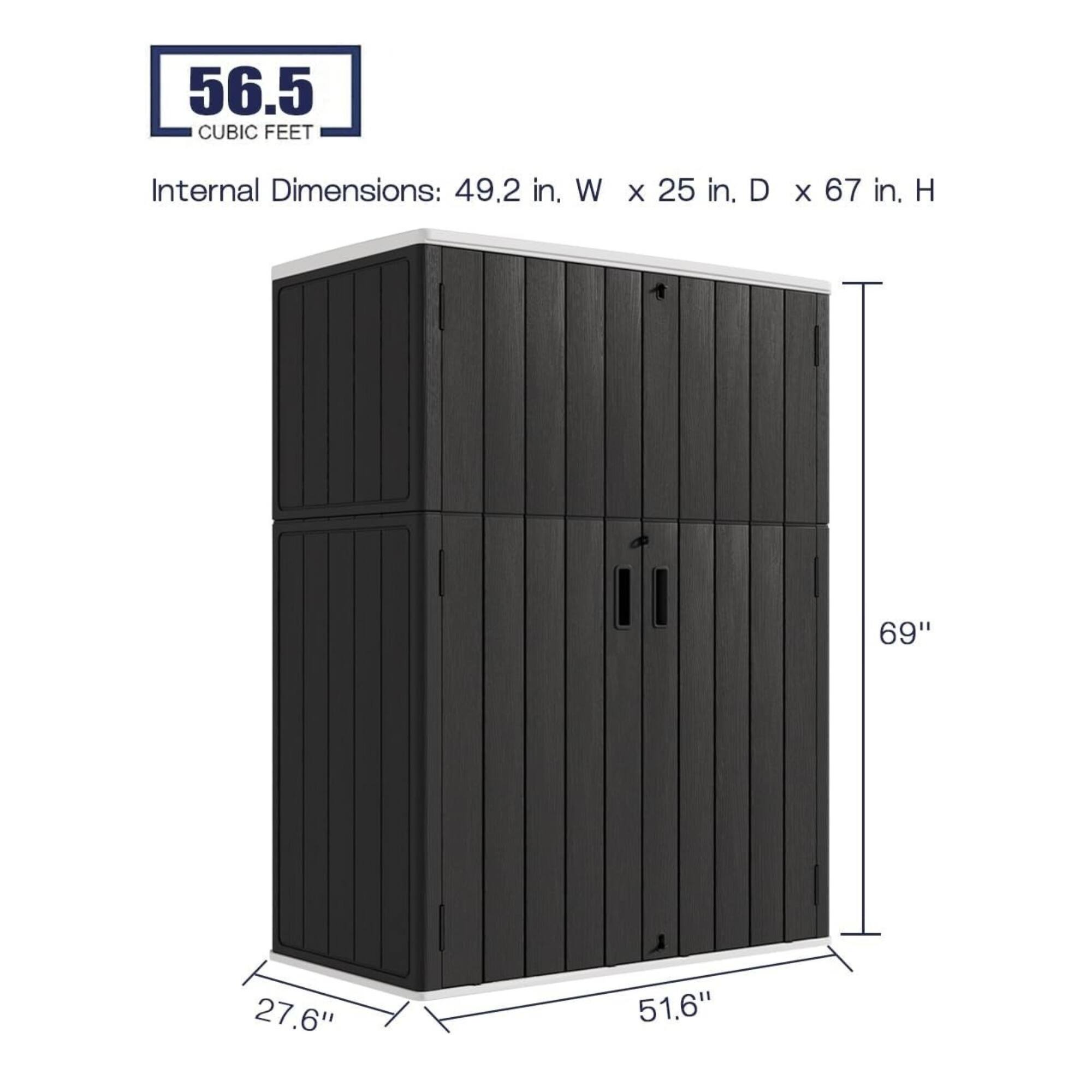 56.5 CUBIC FEET

Internal Dimensions: 49.2 in. W x 25 in. D x 67 in. H

69" 27.6" 51.6"