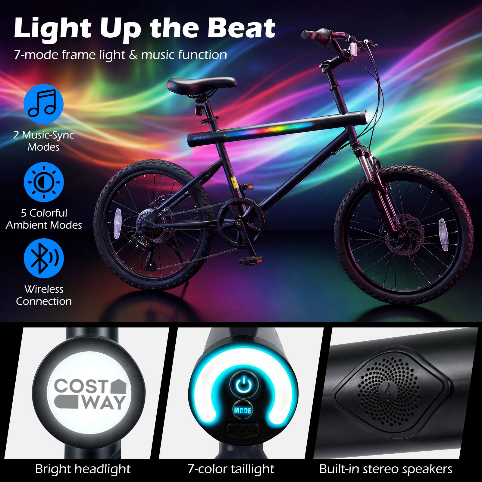 Light Up the Beat  
7-mode frame light & music function  
2 Music-Sync Modes  
5 Colorful Ambient Modes  
Wireless Connection  

Bright headlight  
7-color taillight  
Built-in stereo speakers  

COST WAY MODE