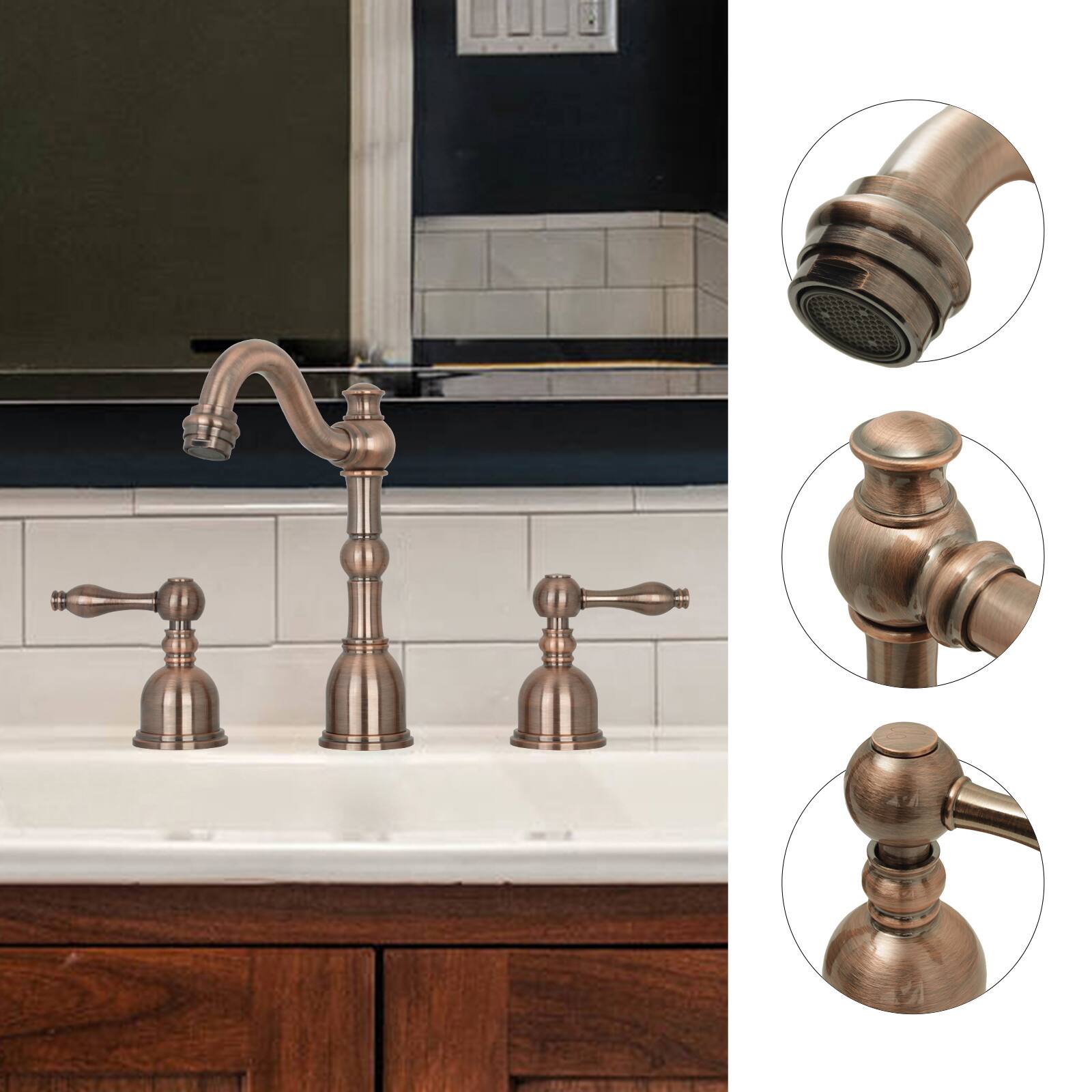 Alt View 2. Akicon - Akicon 8 inch Two-Handles Widespread Bathroom Sink Faucet in Antique Copper - Antique Copper.