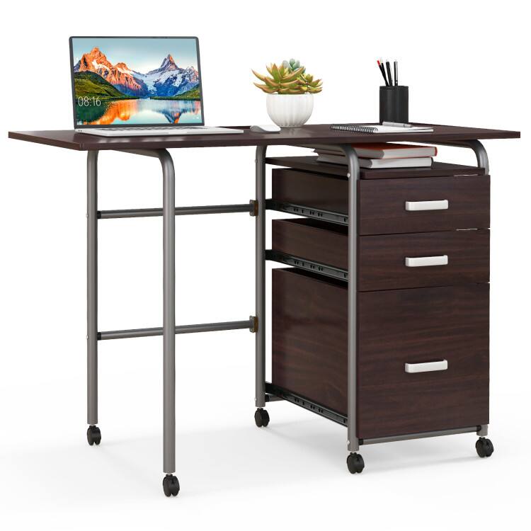 Front. SlickBlue - Laptop Desk with Wheels & 3 Drawers – Folding Workstation for Home Office or Study - Brown.