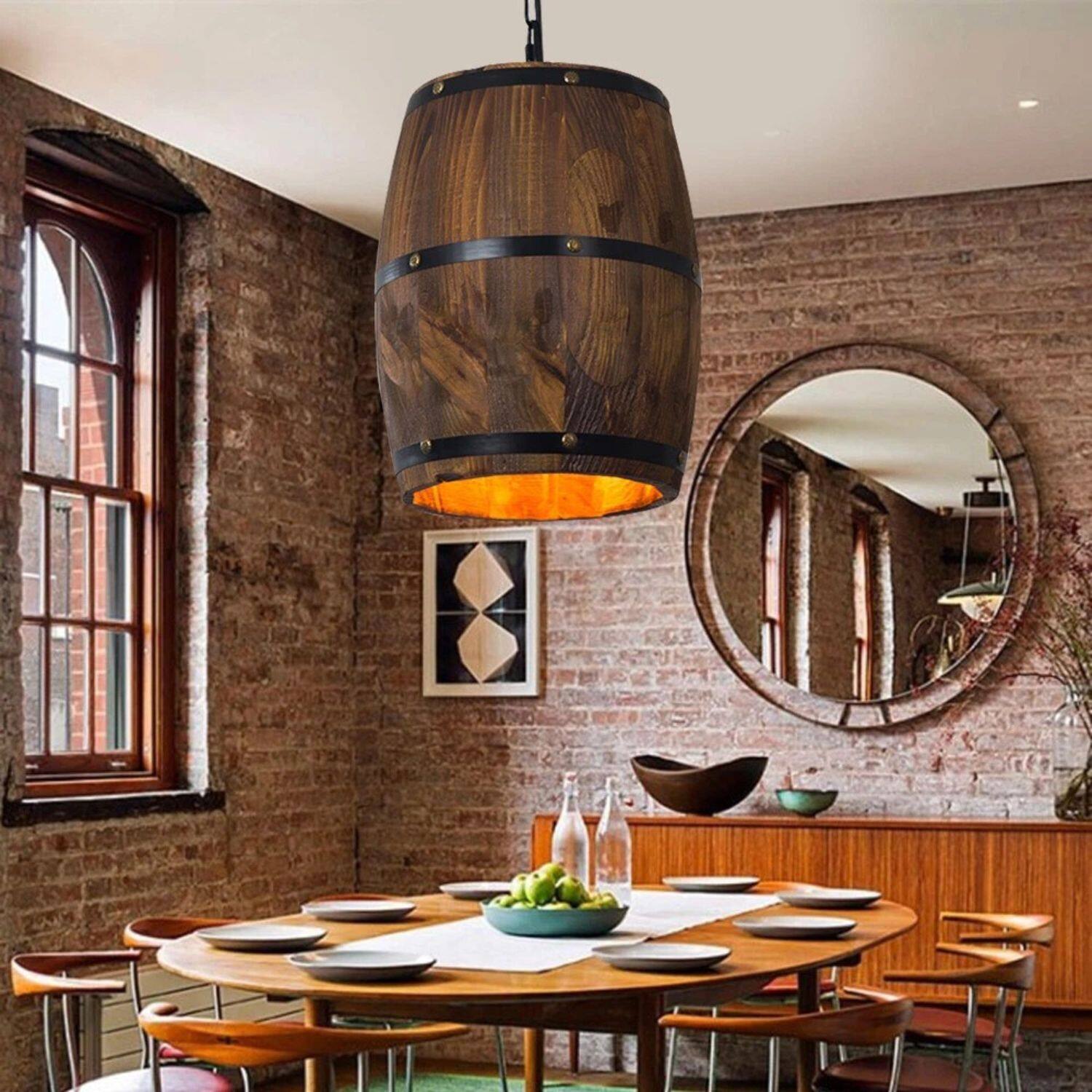 Left. Stock Preferred - Wood Wine Barrel Retro Pendant Ceiling Lamp - Natural Wood with Black Iron Accents.