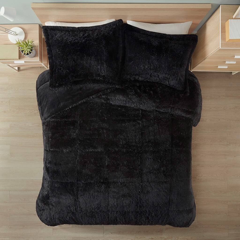 Alt View 5. Gracie Mills - Gracie Mills Susie Contemporary Shaggy Long Fur Comforter Set - Black.