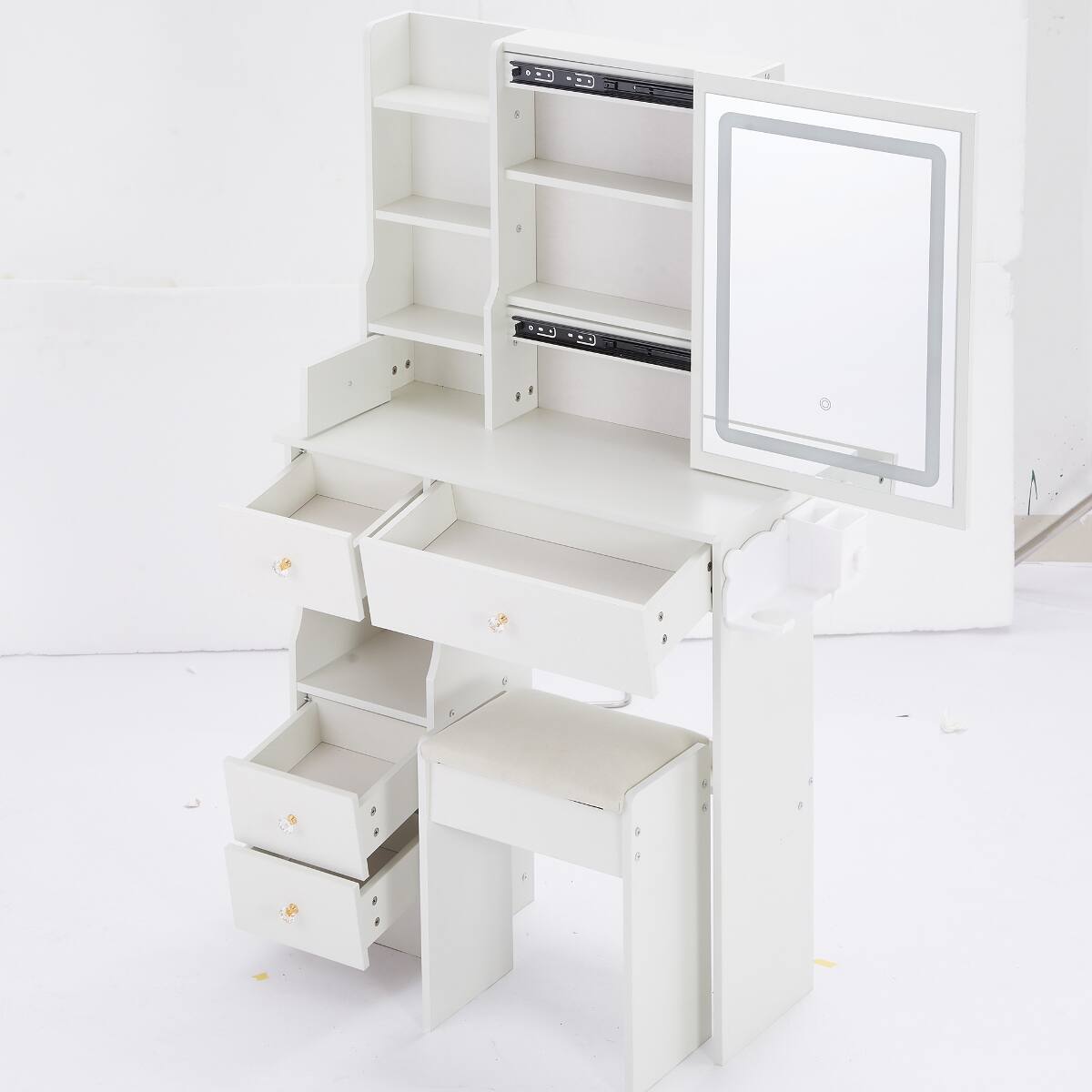 Alt View 3. Loheer - Loheer Vanity Table With LED Mirror, Small Space Design, Charging Station and Stool - White.