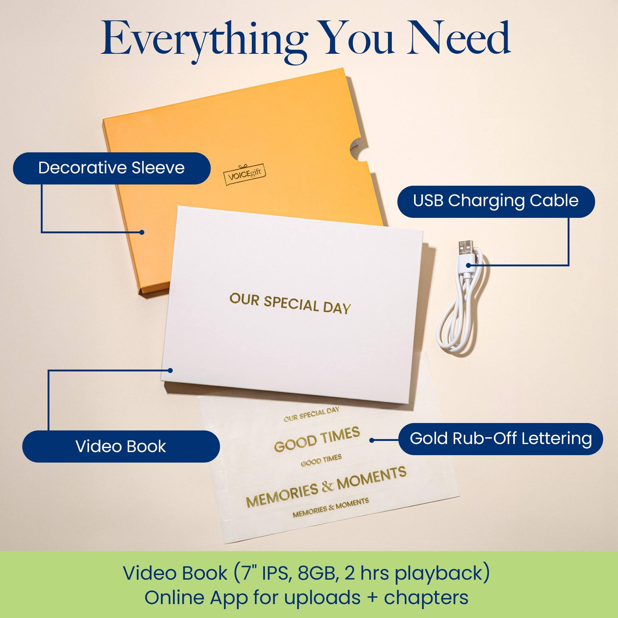 Everything You Need

- Decorative Sleeve
- USB Charging Cable
- Video Book
- Gold Rub-Off Lettering

Video Book (7" IPS, 8GB, 2 hrs playback)
Online App for uploads + chapters
