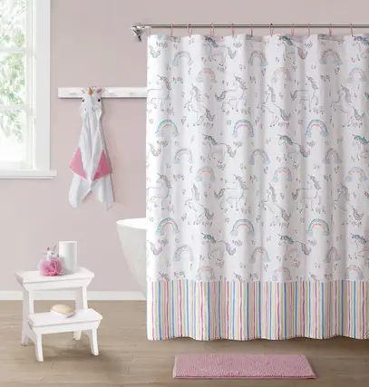 Front. Kate Aurora - Kate Aurora Montauk Accents Complete 5 Piece Juvi Unicorns Themed Fabric Shower Curtain Bathroom Set - White.