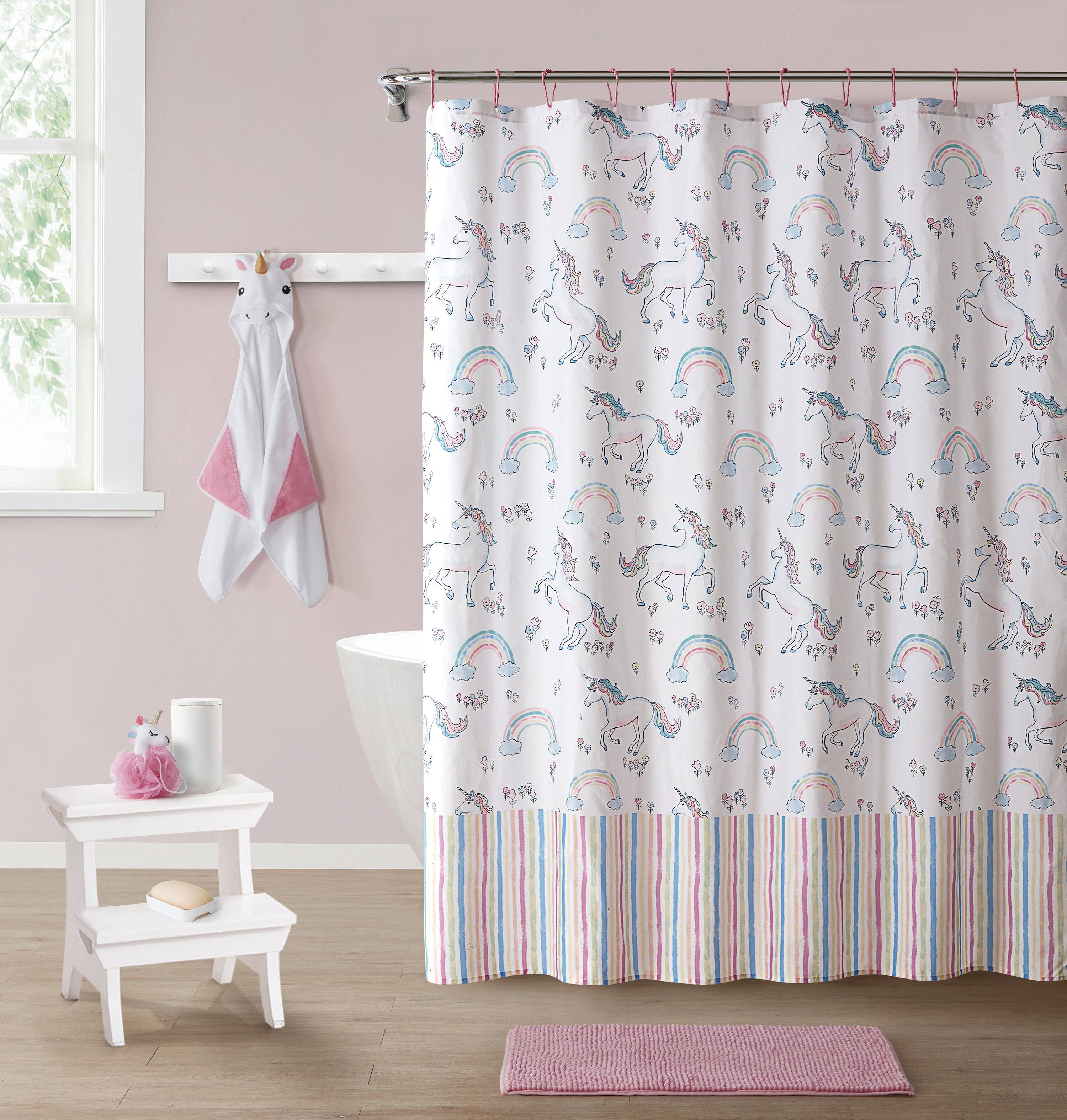 Front. Kate Aurora - Kate Aurora Montauk Accents Complete 5 Piece Juvi Unicorns Themed Fabric Shower Curtain Bathroom Set - White.