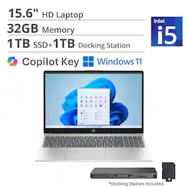 HP - 15.6" HD Laptop,Intel Core i5-1334U,32GB DDR4,1TB SSD+1TB Dock Set,Iris Xe Graphics,HD Camera,Win 11 - Silver