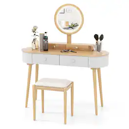 Costway - Solid Wood Makeup Vanity Desk Set with LED Lighted Mirror Drawers Cushioned Stool - Natural