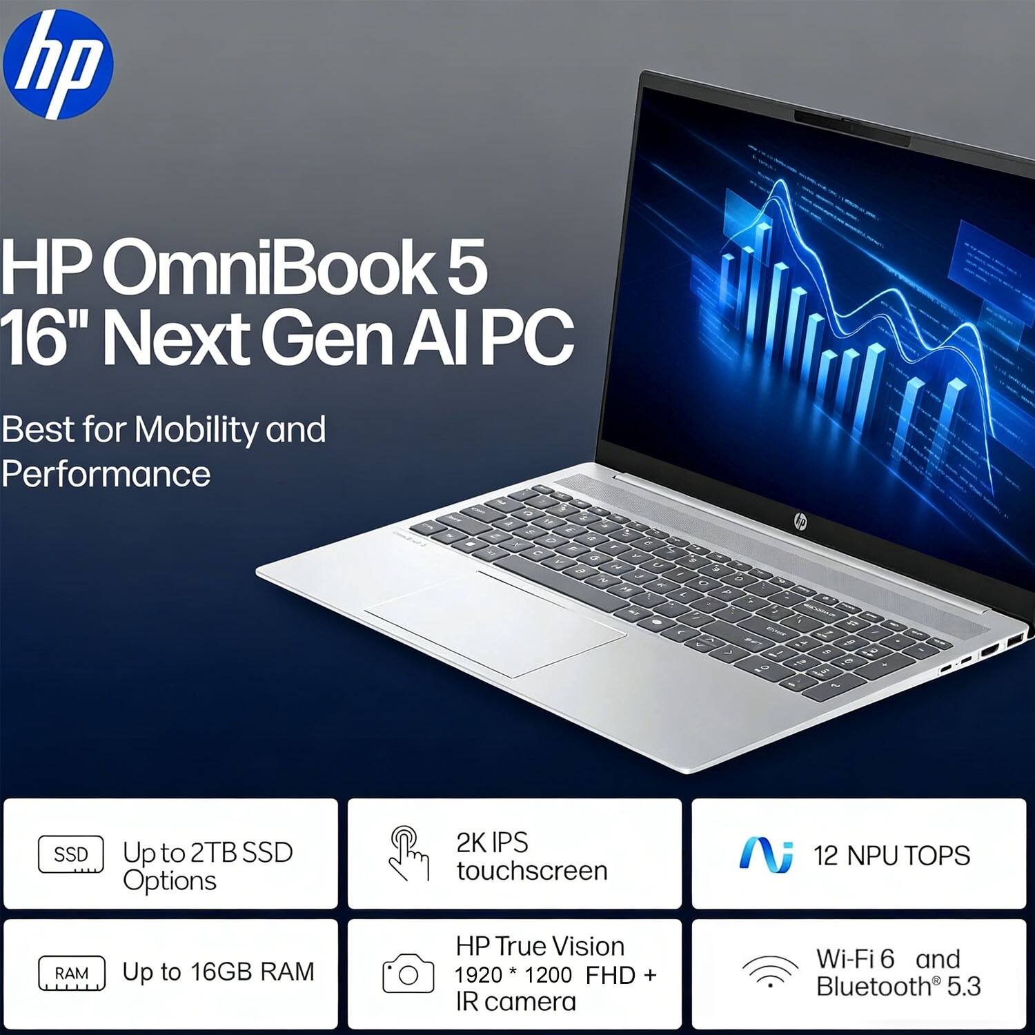 HP OmniBook 5 16" Next Gen AI PC  
Best for Mobility and Performance  

- Up to 2TB SSD Options  
- 2K IPS touchscreen  
- Up to 16GB RAM  
- HP True Vision 1920 x 1200 FHD + IR camera  
- Wi-Fi 6 and Bluetooth 5.3  
- 12 NPU TOPS