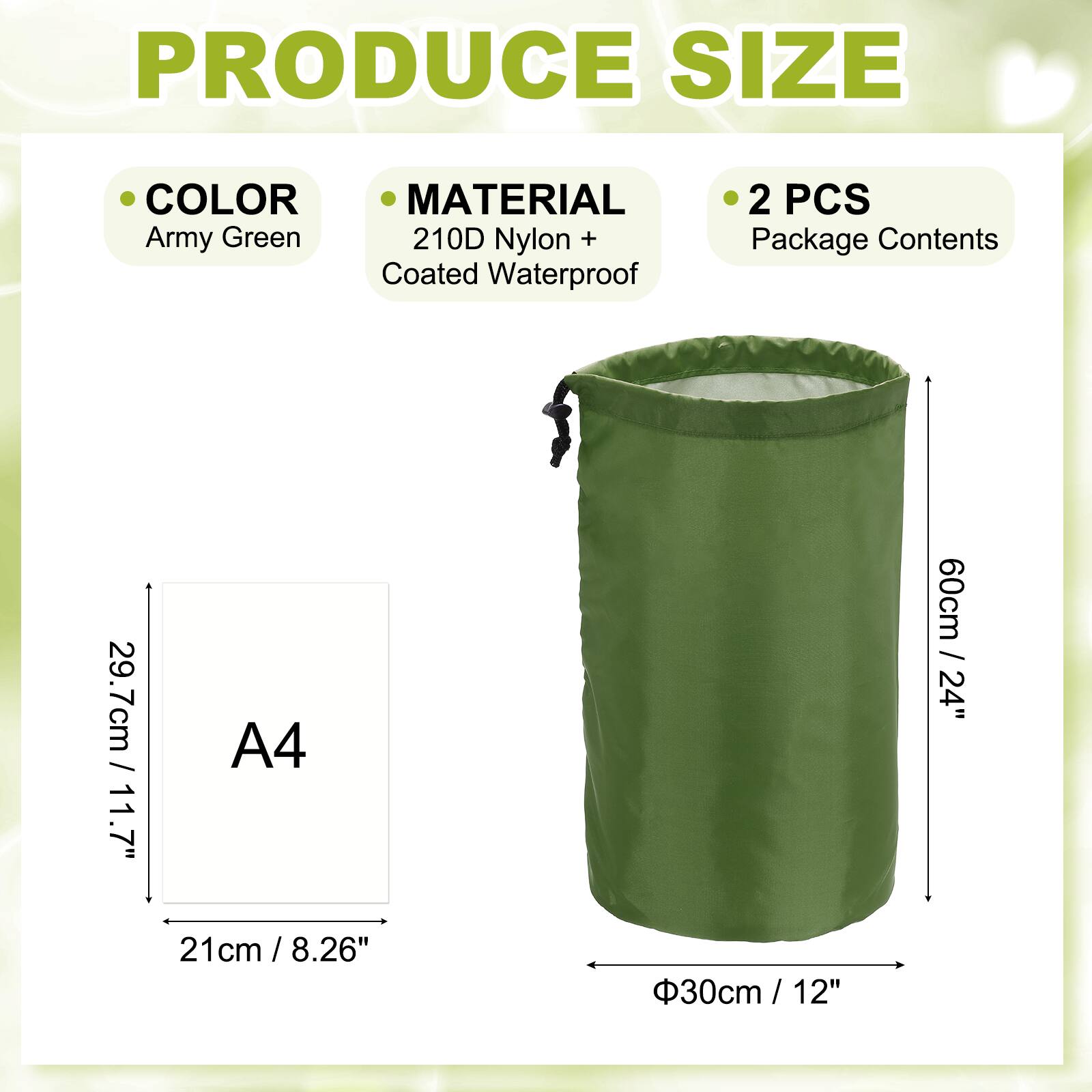 **PRODUCE SIZE**

- **COLOR:** Army Green
- **MATERIAL:** 210D Nylon + Coated Waterproof
- **2 PCS** Package Contents

**SIZE:**
- A4: 29.7cm / 11.7" x 21cm / 8.26"
- Height: 60cm / 24"
- Diameter: Φ30cm / 12"